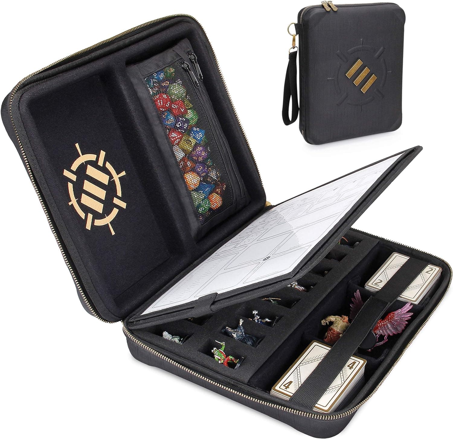ENHANCE RPG Organizer Case - DND Binder with Built-in Character Sheet Holder and Erasable Scribe Panel, Dice Rolling Area, Removable Pen Pouch, Miniature Foam Tray, Wrist Strap, and More (Black)