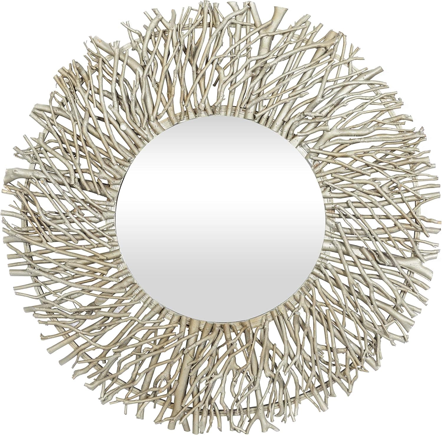 Deco 79 69158 Contemporary Metal and Wood Round Framed Branch Design Wall Mirror, 31"Diameter, Textured Silver Finish