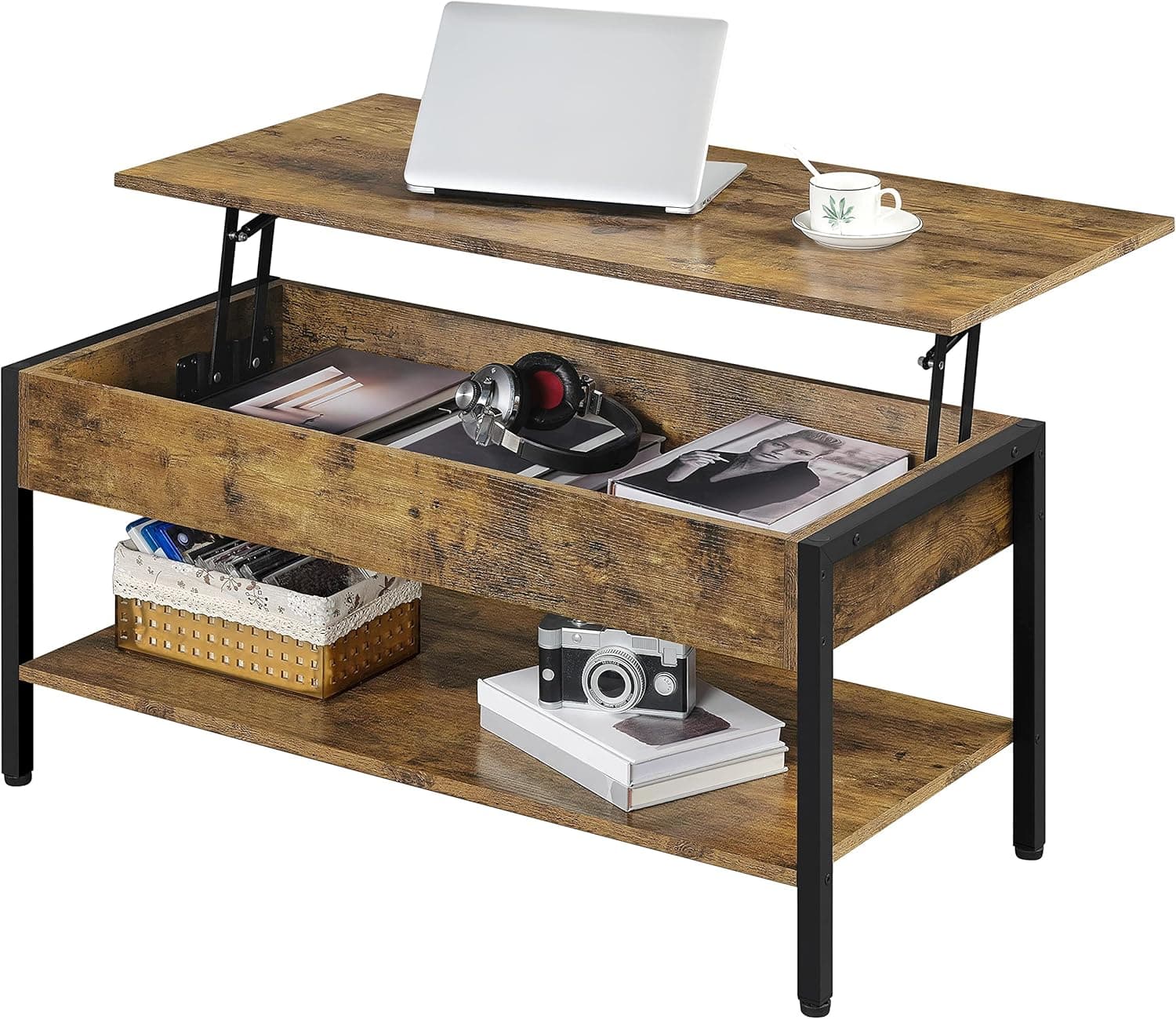 Yaheetech Lift Top Coffee Table, 41 in Coffee Table with Hidden Storage Compartment, Wooden Lift Up Central Table for Living Room, Reception Room, Industrial Style, Rustic Brown