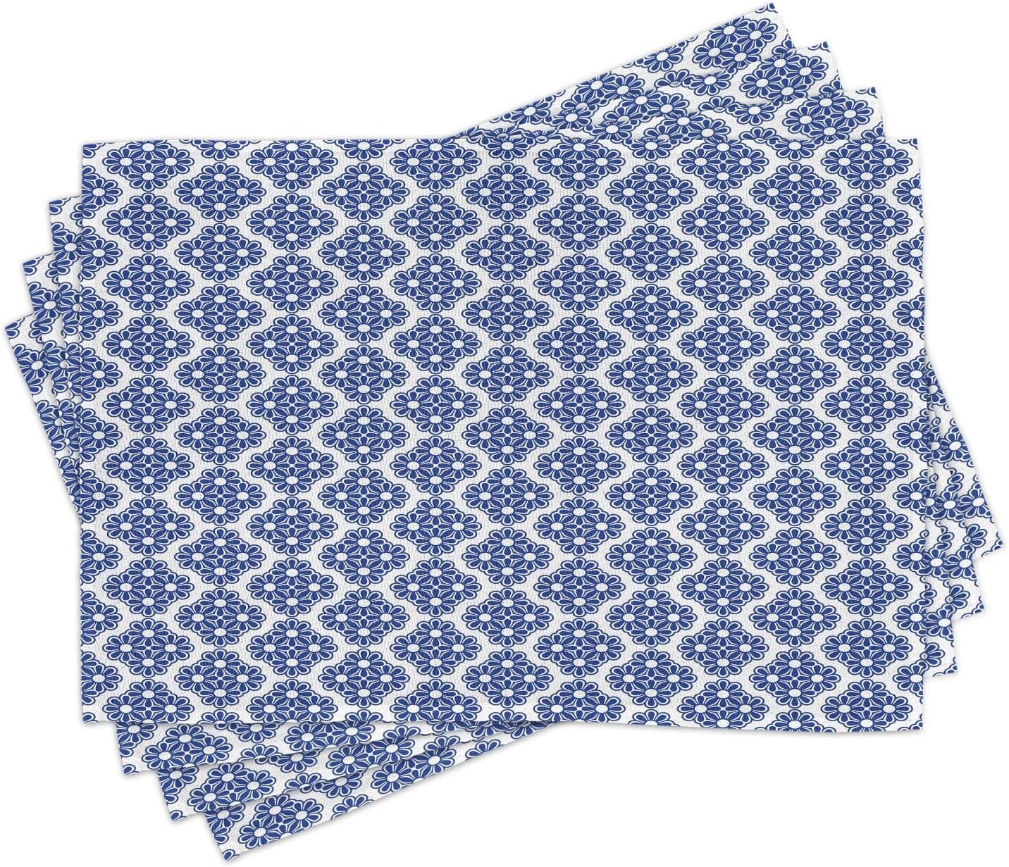 Lunarable Moroccan Place Mats Set of 4, Turkish Ottoman Mosaic Tiles with Floral Leaves Details Print, Washable Fabric Placemats for Dining Room Kitchen Table Decor, White Turquoise and Dark Blue