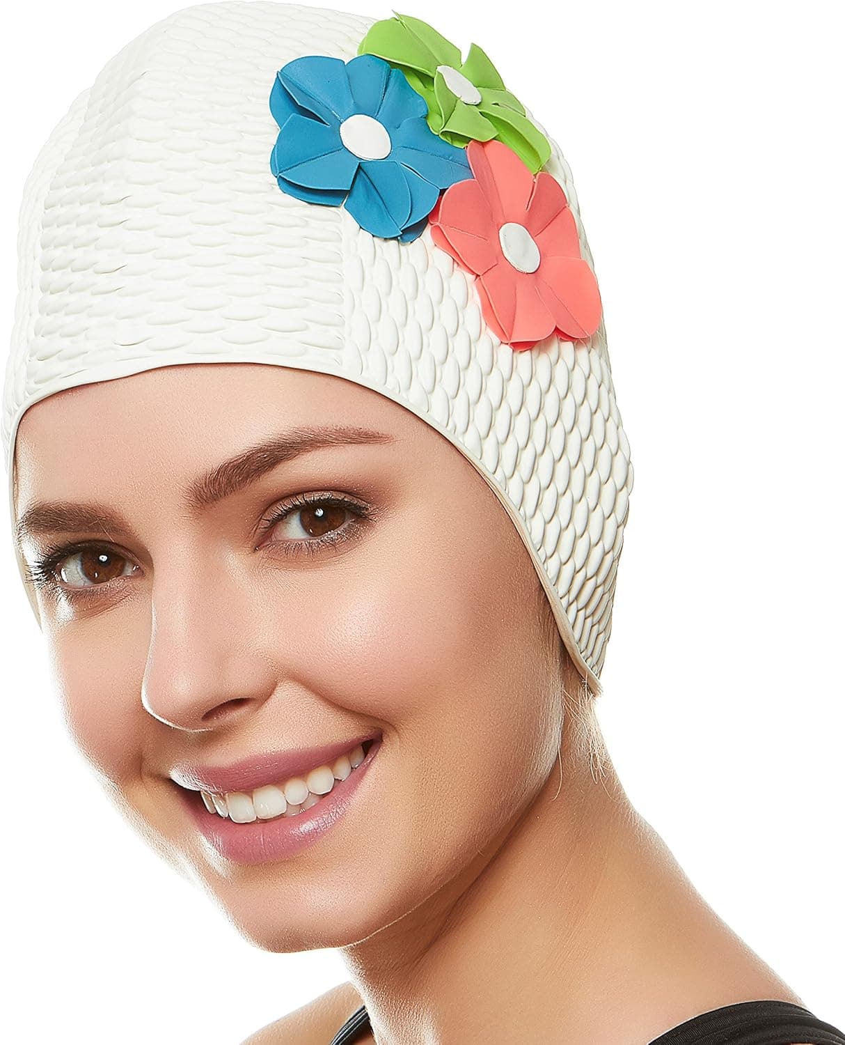 BEEMO Swim Bathing Caps for Women Latex Swim Hat Triple Flowers Long/Short Hair