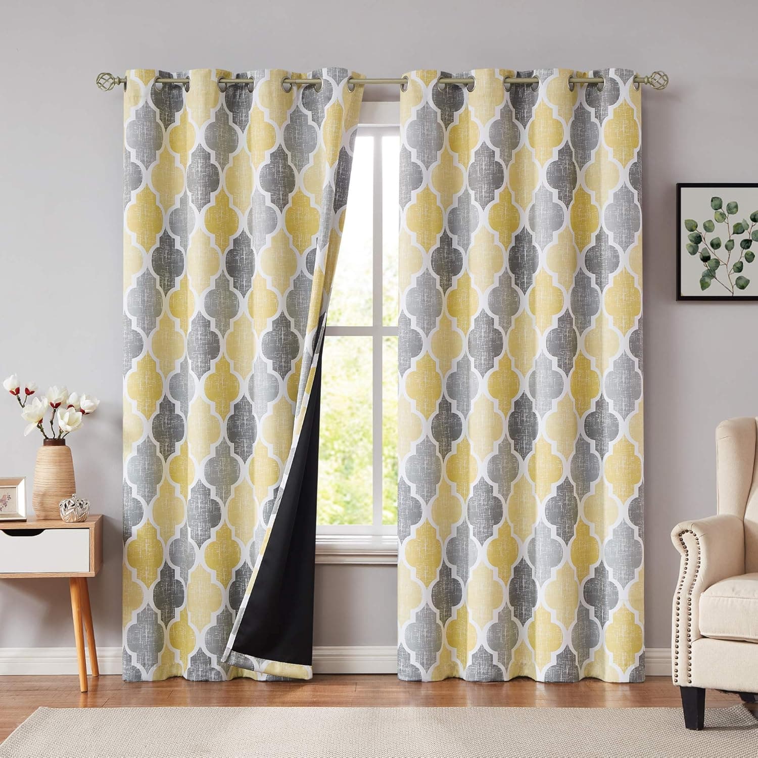 Beauoop Eyelet Print Bedroom Curtains 108 Inch Long 95% Blackout Window Curtain Panels Moroccan Geo Thermal Insulated Drapes Quatrefoil Rings Window Treatment Set, 50 x 108 Inch, Yellow/Gray(2 Panels)