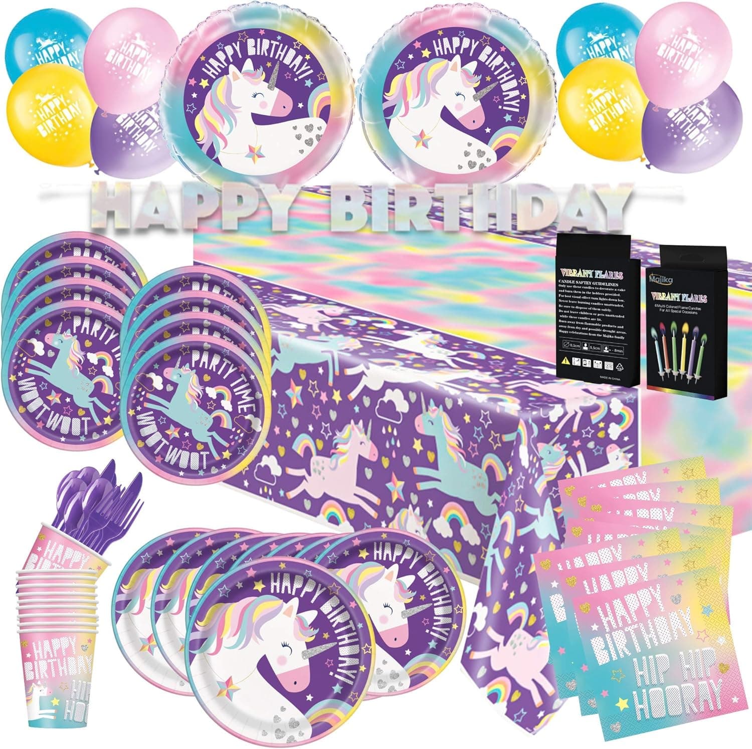 Majika Unicorn Happy Birthday Decorations Supplies Kit - Pack of 82 | Purple & Pink Party Balloons Set, Rainbow Themed Birthday Decor | Unicorn Balloons, Bday Banner, Disposable Paper Plates, Cups, Napkins, Table Cloth, Multi-Colored Candles