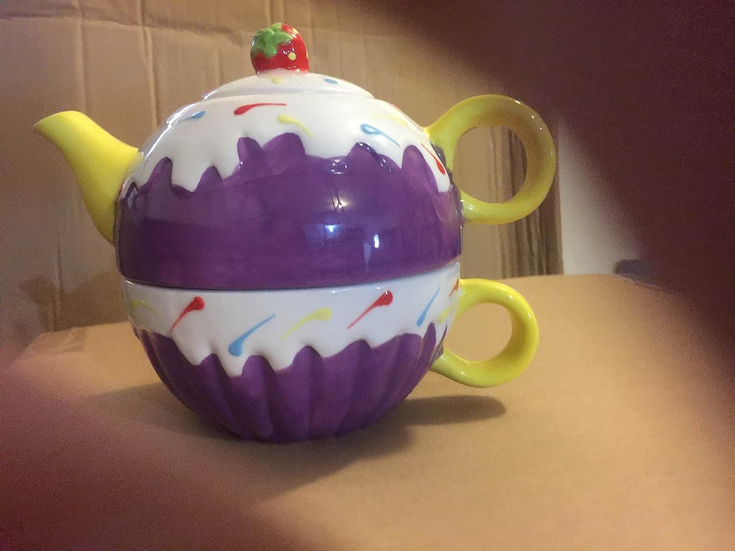 Tea Kettle Shaped Fancy purple Decoration Cookie Storage 7 Inch Round 6 Inch High