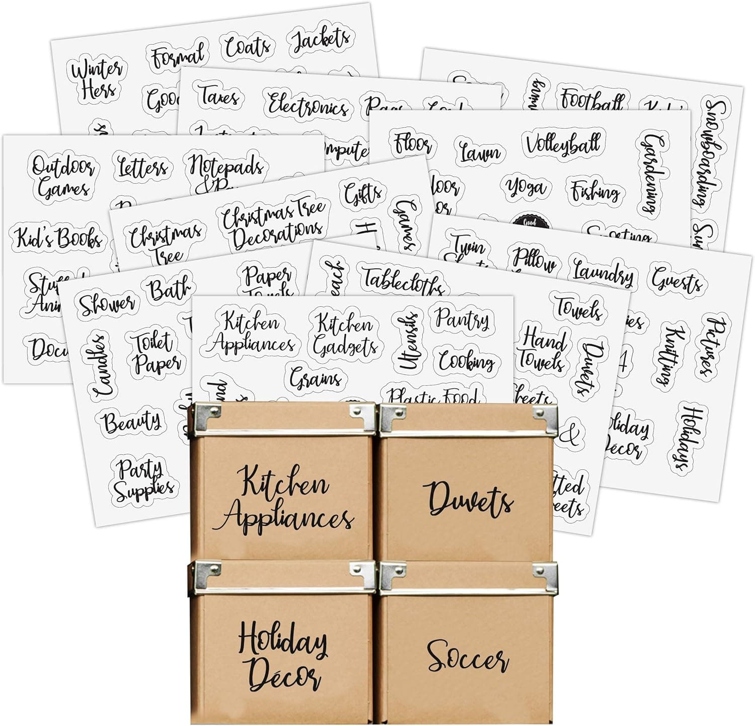 Good Karma Studio 150 Labels for Storage Bins + 15 Blank Labels, Household Labels, Farmhouse Font, Linen Closet, Home Office, Kids', Garage