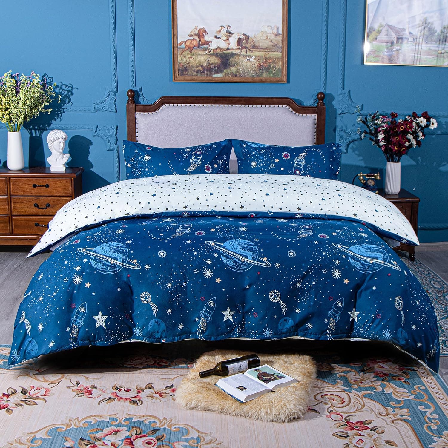 NTBAY Microfiber Twin Duvet Cover Set, 2 Pieces Ultra Soft Starry Sky Printed Comforter Cover Set with Zipper Closure and Corner Ties, Blue and White