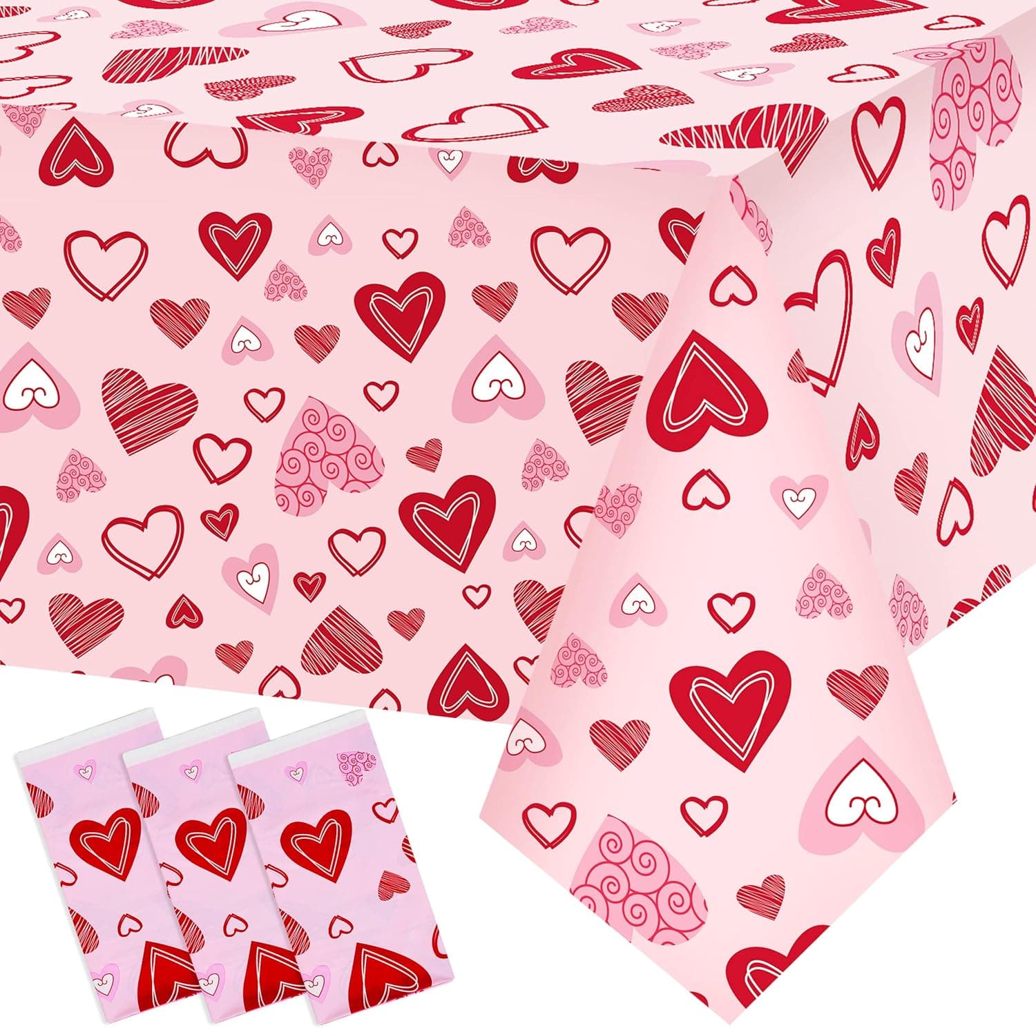 Valentines Day Table Cover Tablecloth 3PCS Valentines Table Cover Valentines Day Party Decorations Supplies Disposable Hearts Tablecloth for Wedding, Engagement Anniversary, Birthday Party Decor