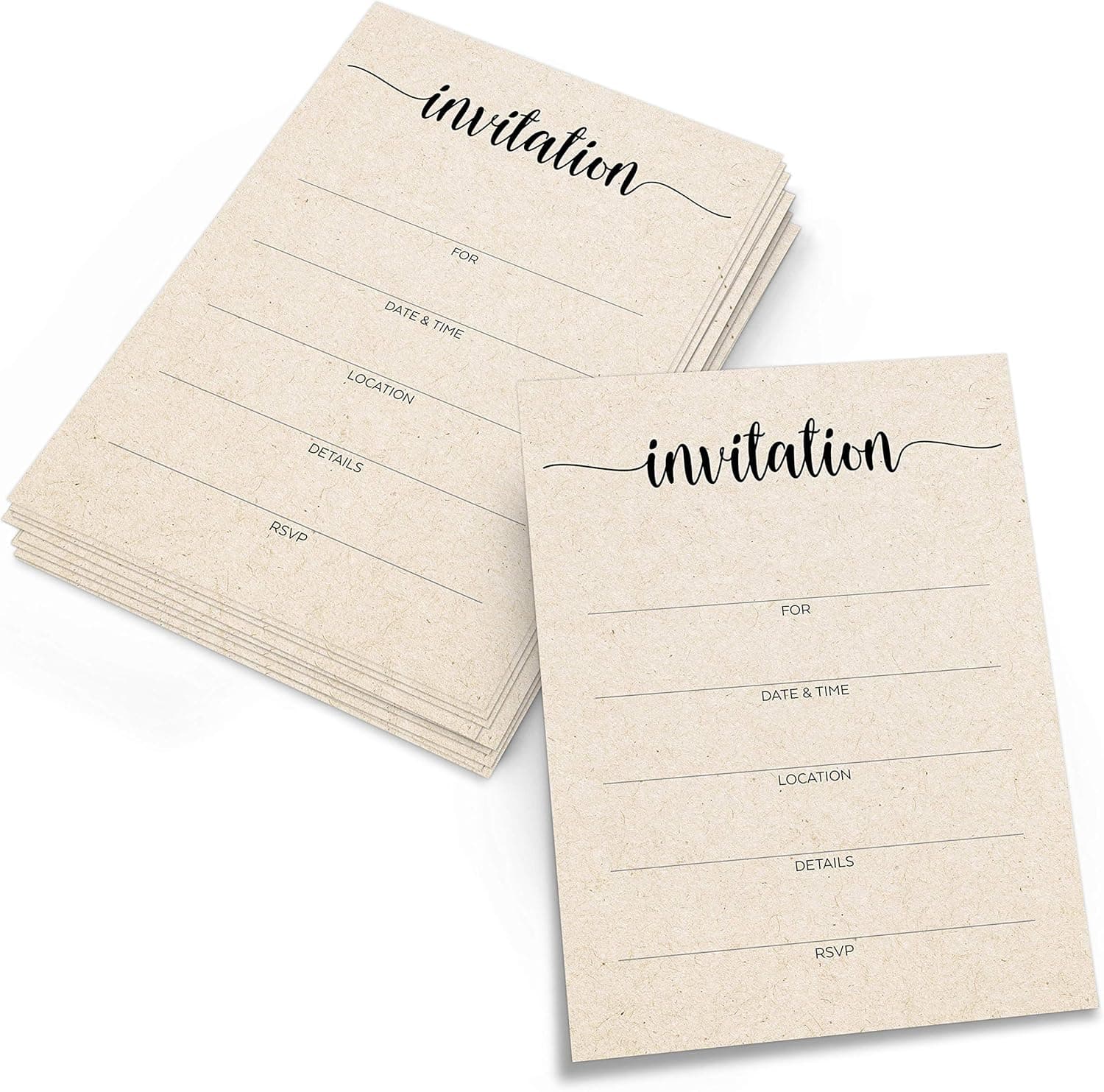 321Done Blank Rustic Invitations (Set of 24) 5x7 Inches, Simple Kraft Tan Color Fill-in for Party, Wedding, Shower, Invites - Made in USA - Script Minimalist Large