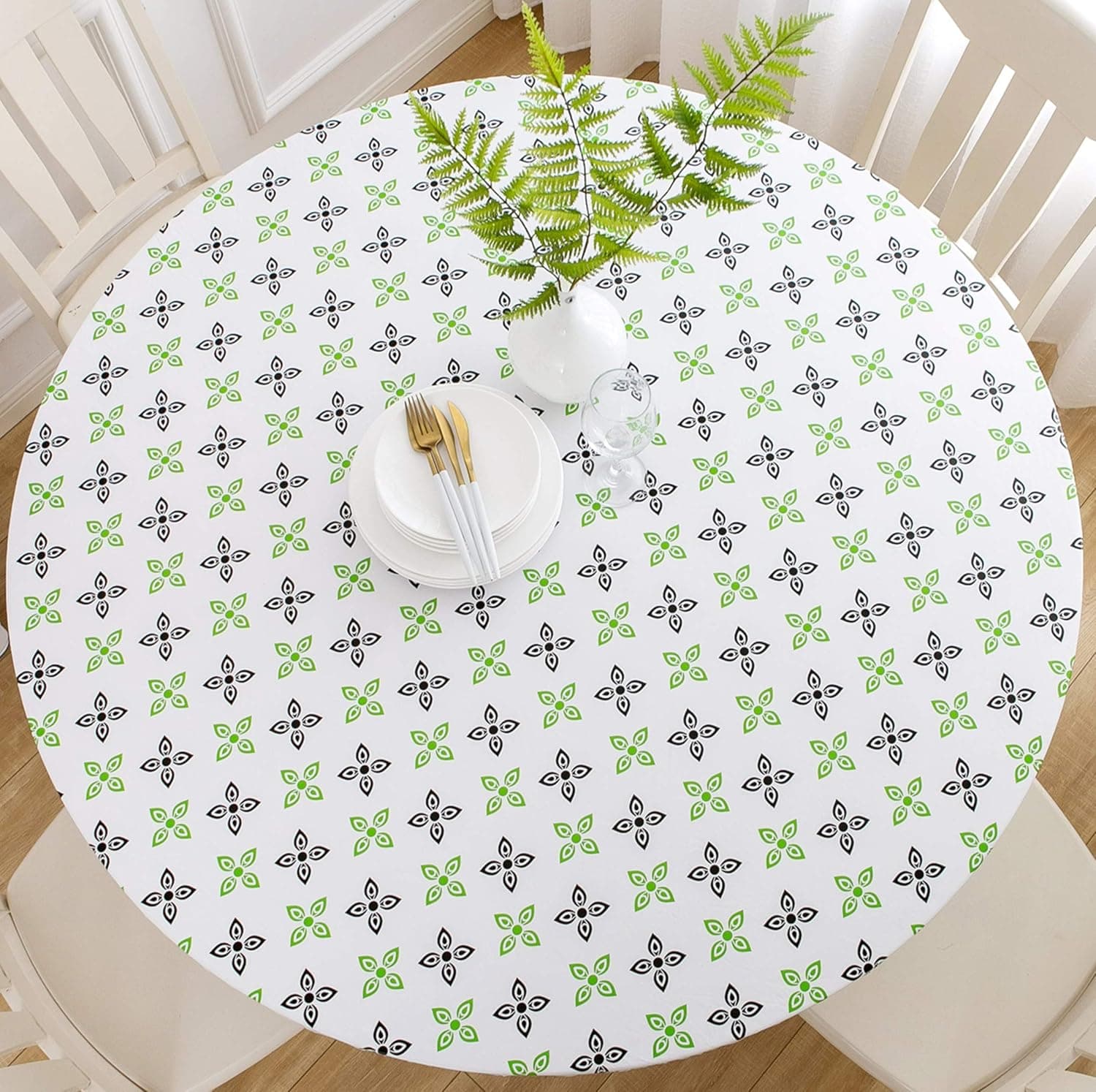 Rally Home Goods Indoor Outdoor Patio Round Fitted Vinyl Tablecloth, Flannel Backing, Elastic Edge, Waterproof Wipeable Plastic Cover, Lucky 4-Leaf Clover Patterns for 5-Seat Table of 36-42’’ Diameter