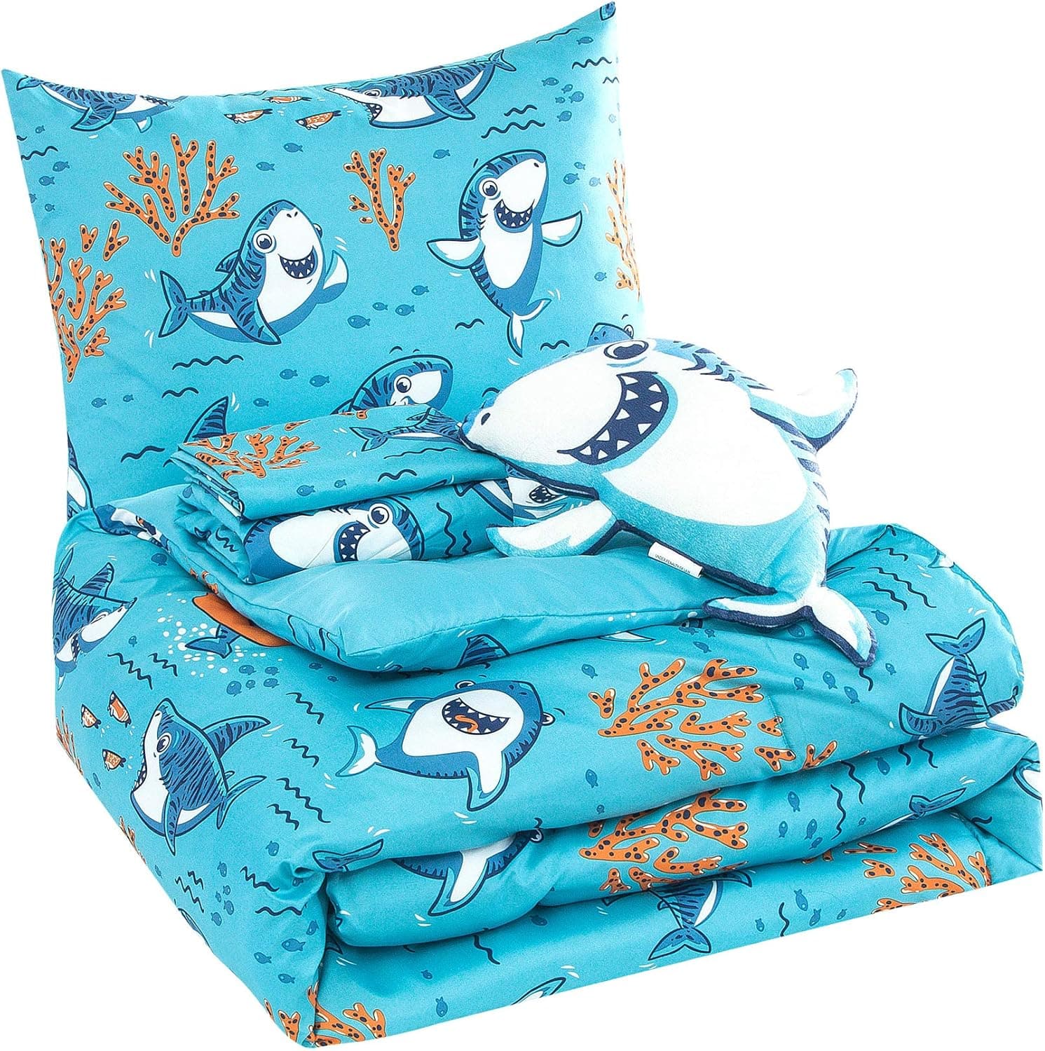 WPM Kids Collection Bedding 4 Piece Blue Ocean Sea Life Shark Print Twin Size Comforter Set with Sheet Pillow sham and Baby Shark Pillow Included Fun Design (Baby Shark, Twin Comforter)
