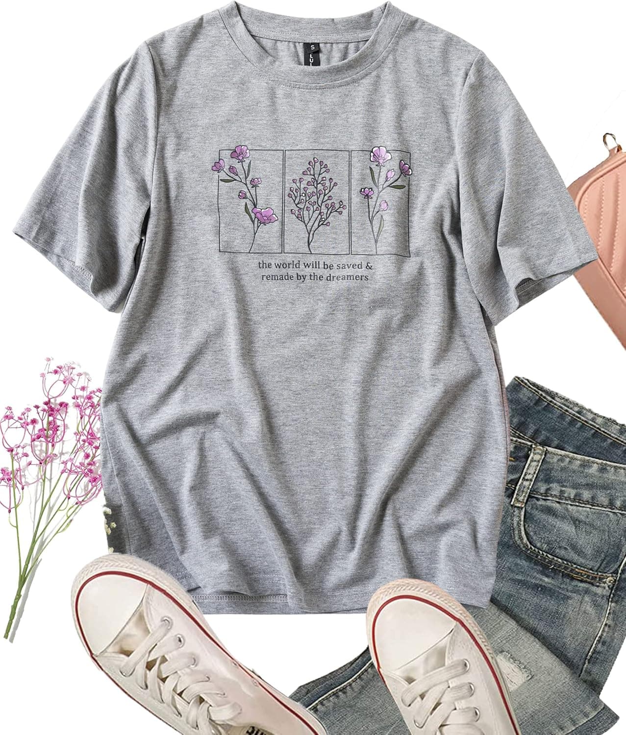 TETULYOO Women's Wildflower Graphic Short Sleeve T Shirt Floral Tee Casual Loose Tops Crew Neck Words Tee Shirts