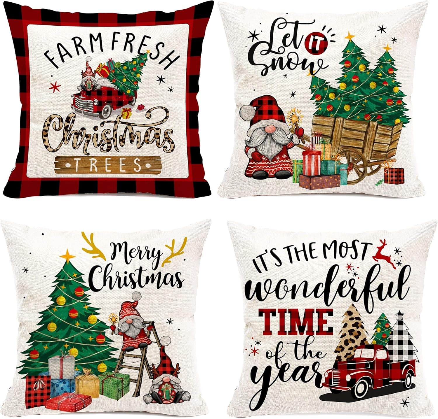 Christmas Pillow Covers 18x18 Set of 4, Christmas Decorative Pillow Covers, Red Buffalo Pattern Plaid Pillow Covers, Gnome Holiday Christmas Pillow Covers Decor,Xmas Cushion Cases for Couch