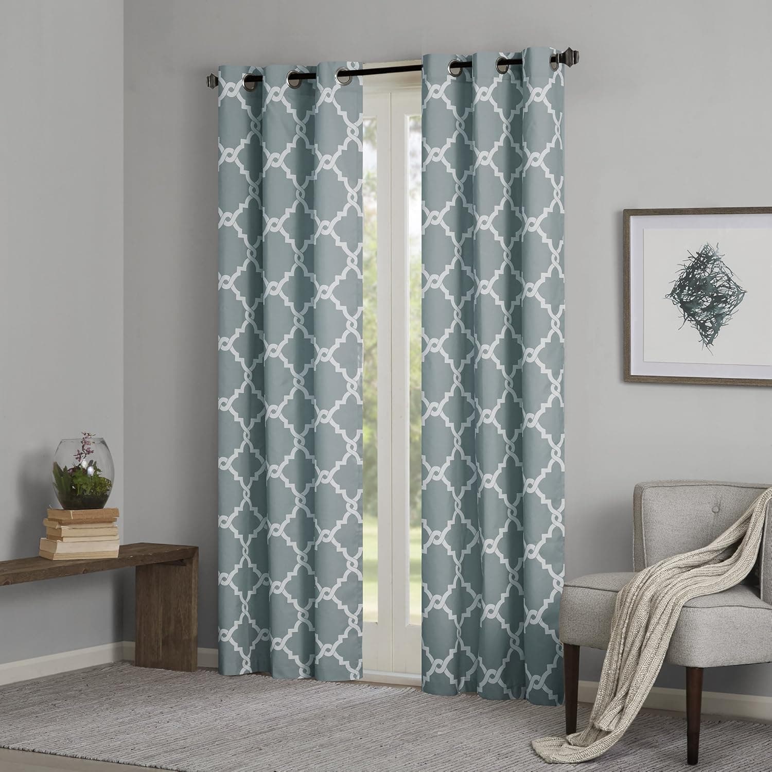 Aqua Curtains for Living Room , Modern Contemporary Room Darkening Curtains for Bedroom , Geometric Merritt Silver Grommet Window Curtains , 42x63, 2-Panel Pack