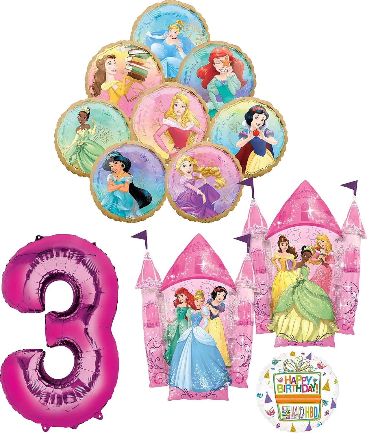 Princess Party Supplies 3rd Birthday Balloon Bouquet Decorations with 8 Princesses