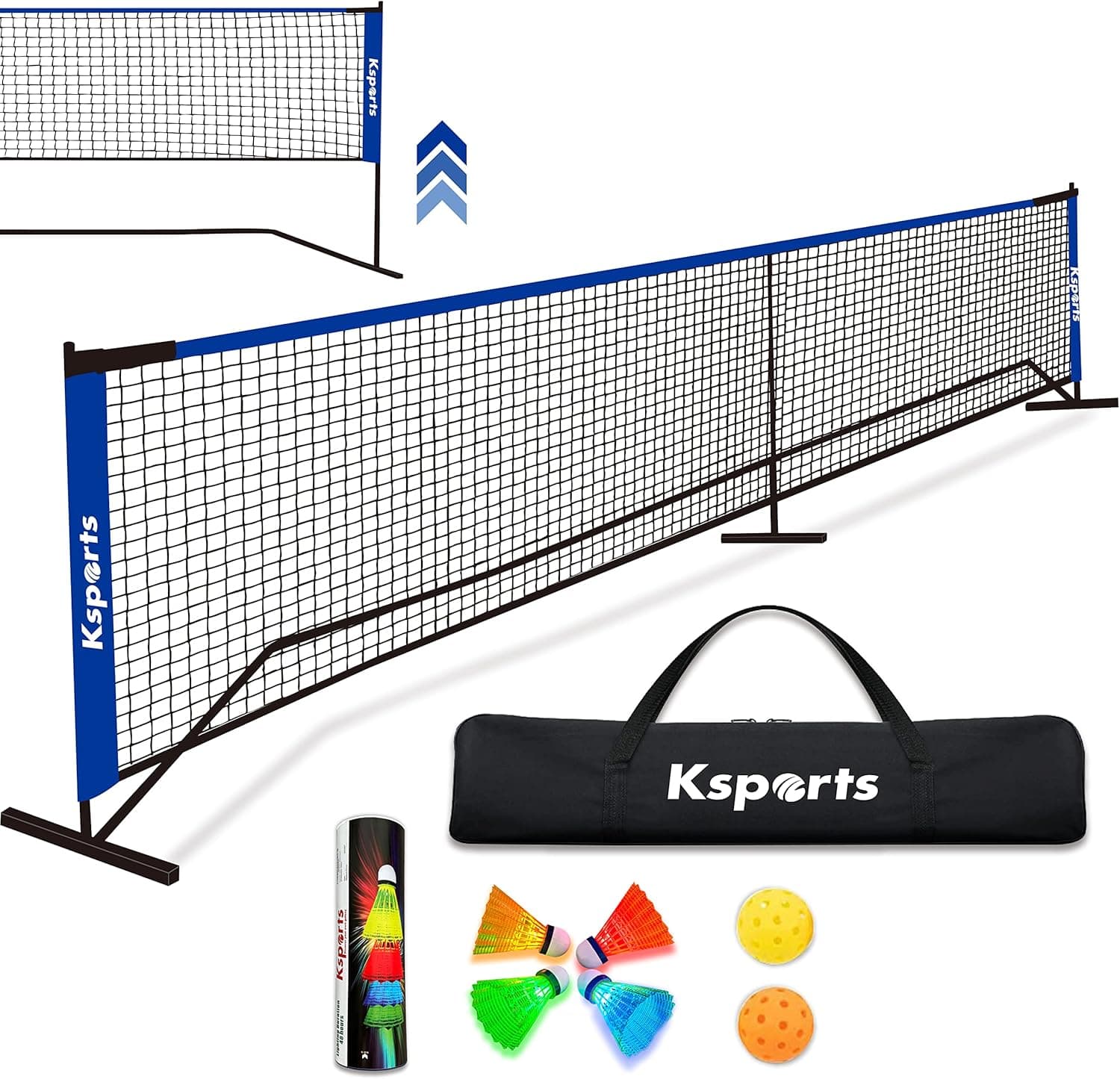 Ksports Regulation Size Pickleball Net 22 Feet, can be Used as Recreation Tennis or Badminton Net, Comprises of Pickleball Portable Net, 4 LED Shuttlecocks, Carry Bag and 2 Pickleballs