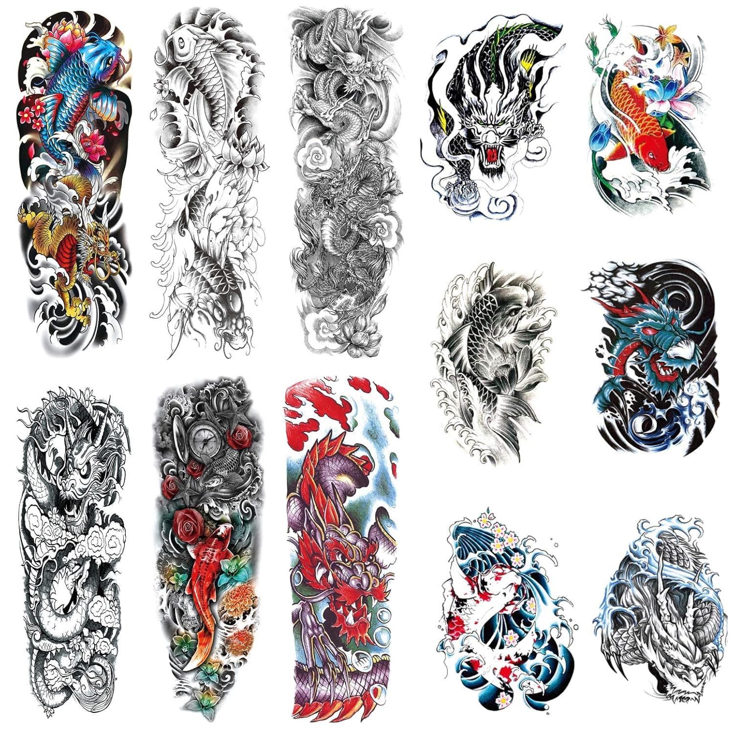 Full Sleeve Temporary Tattoos Dragon Fish Theme, Fake Fish Dragon Half Arm Tattoos Stickers and Extra Large Full Arm Tattoo Sleeves for Men Women,12-Sheet