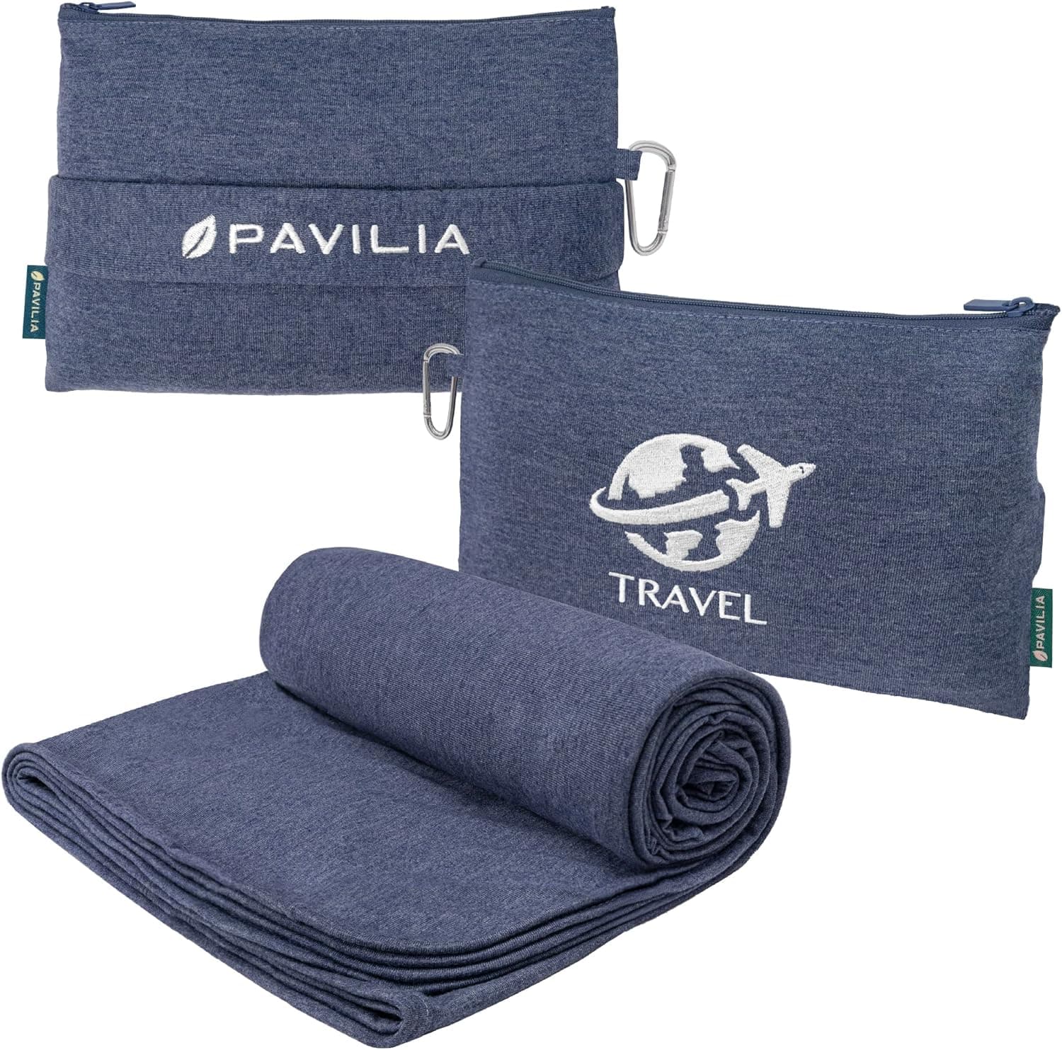PAVILIA Soft Compact Travel Blanket and Pillow, Foldable Airplane Blanket in Bag, Lightweight Portable Flight Blanket Set with Luggage Strap, Camping Plane Car Home Office Gift Accessories, Navy Blue