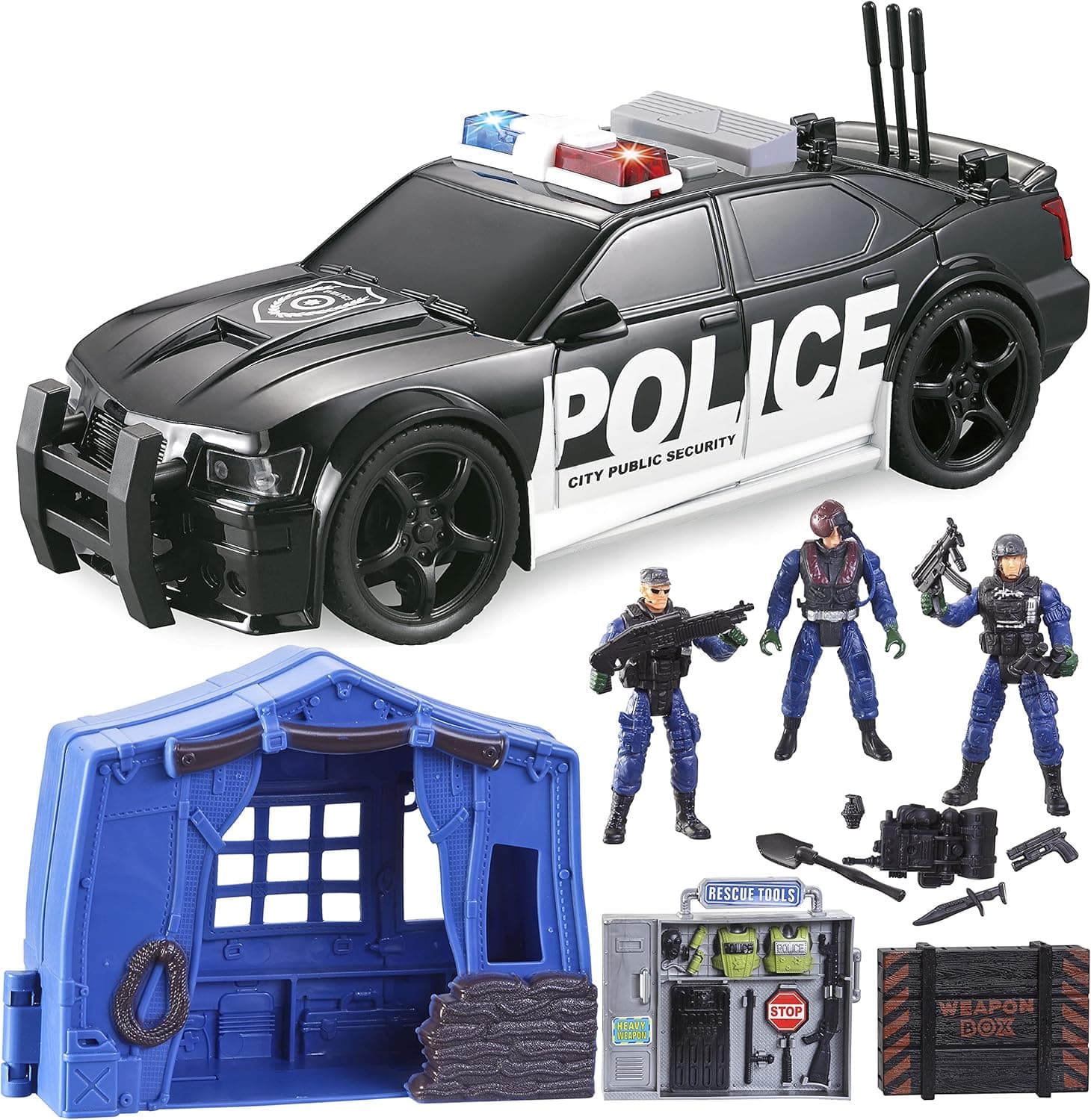 JOYIN Police Camp Toy Set of Friction Powered Police Car, Realistic Military Camp Tent and Policemen Action Figures, Police Vehicle with Light and Sound Siren for Over 3 Years Old Boys