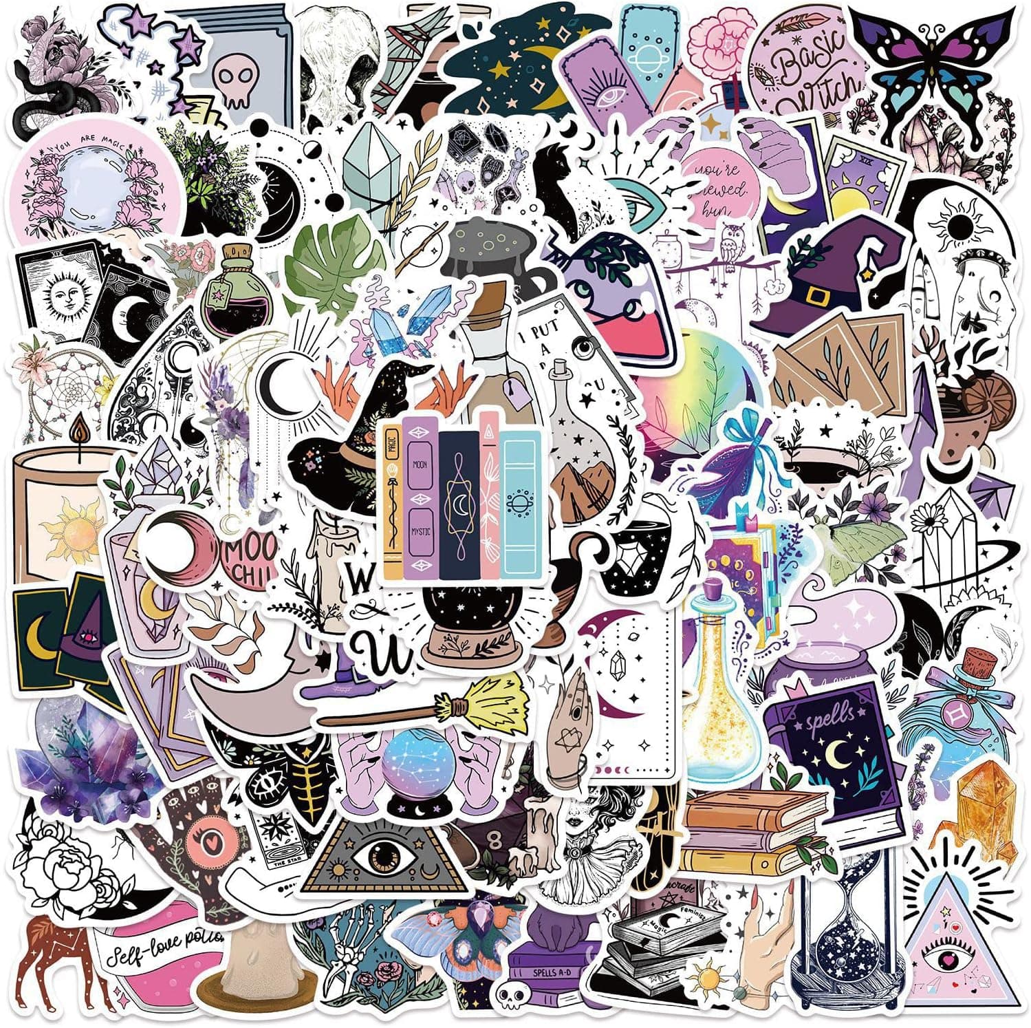 100 Pcs Cool Witch Magic Mysterious Stickers, Vinyl Waterproof Decals for Water Bottles Laptop Skateboard Notebook, Halloween Deaor Stickers for Adults Kids Teens