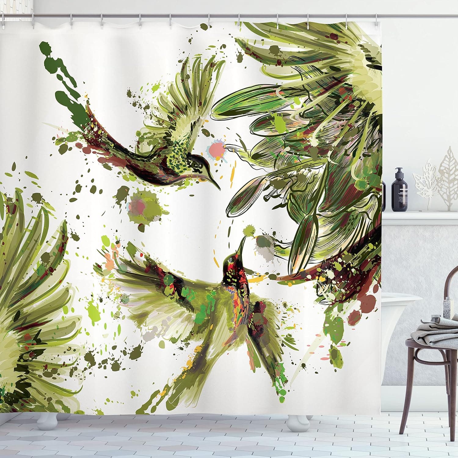 Ambesonne Hummingbird Shower Curtain, Art Lily Flowers Birds and Color Splashes in Watercolor Painting Style, Cloth Fabric Bathroom Decor Set with Hooks, 69" W x 70" L, Avocado Green
