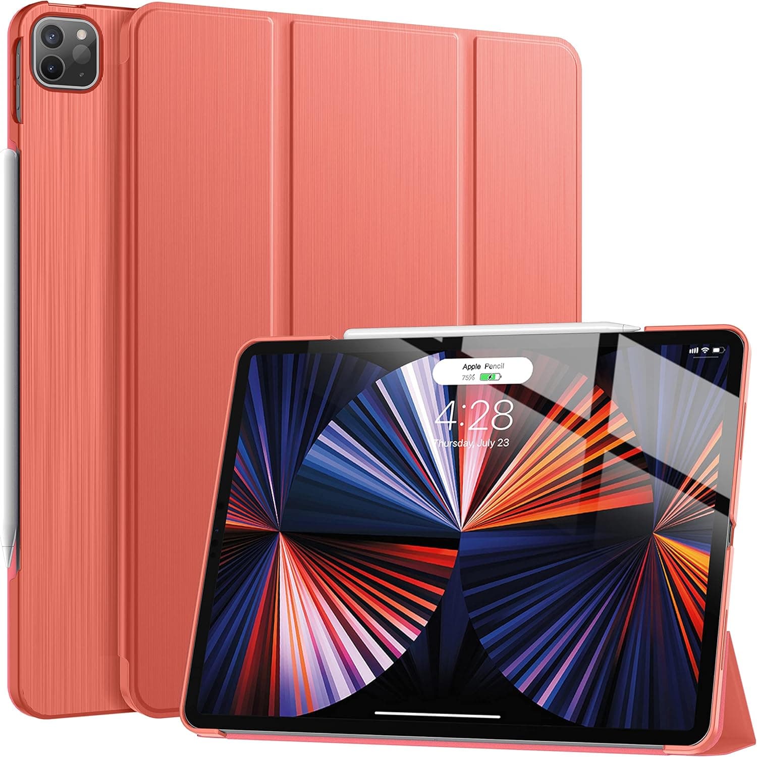 Soke New iPad Pro 12.9 Case 2022 2021(6th 5th Generation) - [Slim Trifold Stand + 2nd Gen Apple Pencil Charging + Auto Wake/Sleep],Protective Hard PC Back Cover for iPad Pro 12.9 inch(Coral Red)