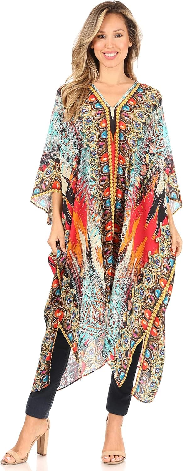Sakkas Alvita Women's V Neck Beach Dress Top Caftan Cover up with Rhinestones