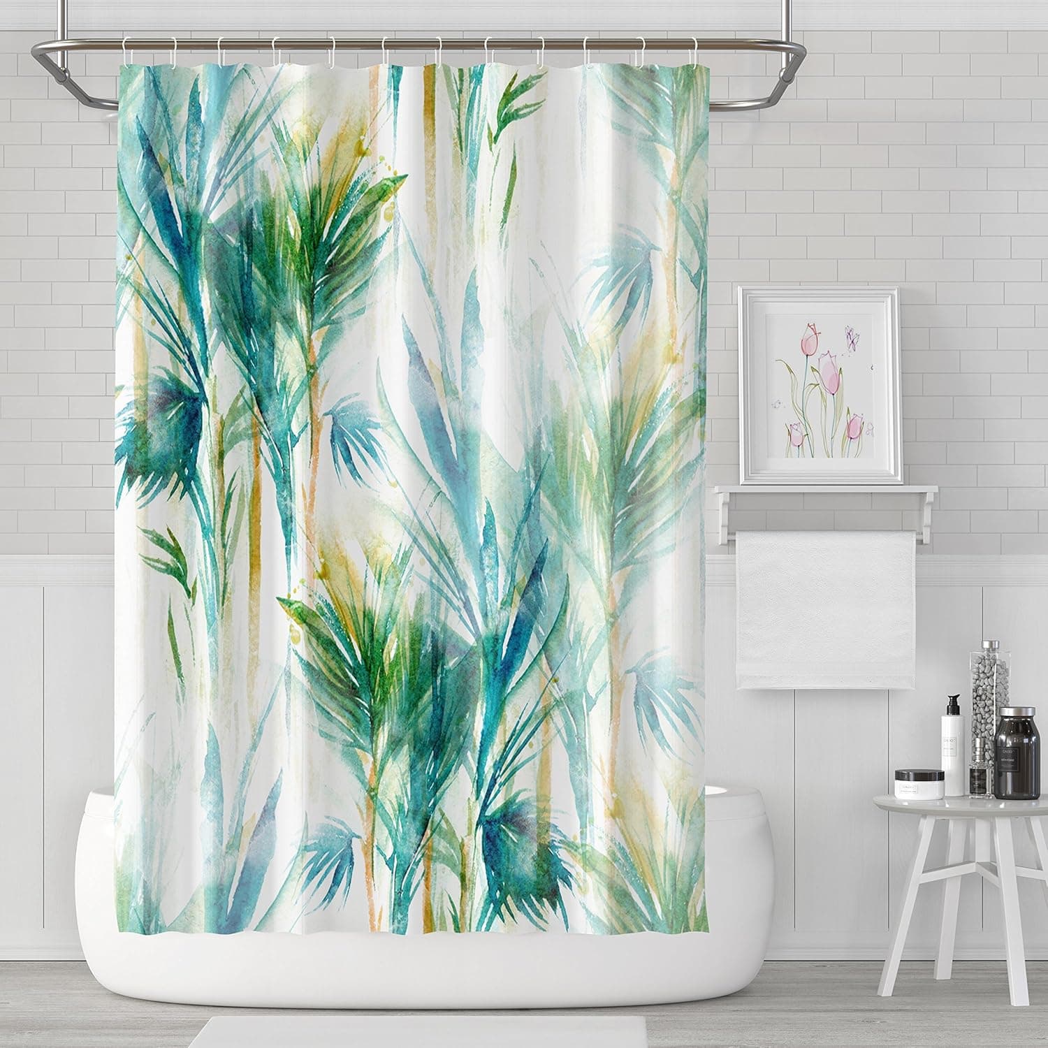 LILYMUA Waterproof Polyester Fabric Bathroom Shower Curtain, Tropical Trees Abstract Watercolor Turquoise Teal Green Bamboo Fashion Beautiful Art Print 72X72 Inch Bathroom Decor Tropical Curtains