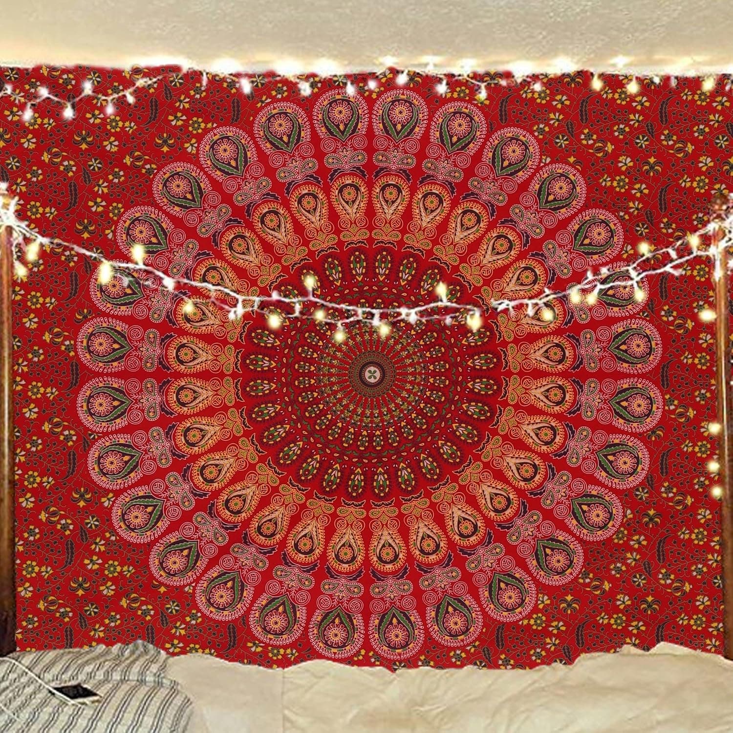 Bless International Indian hippie Bohemian Psychedelic Golden Blue Peacock Mandala Wall hanging Bedding Tapestry(Golden Red, Medium(54x60Inches)(137x152cms))