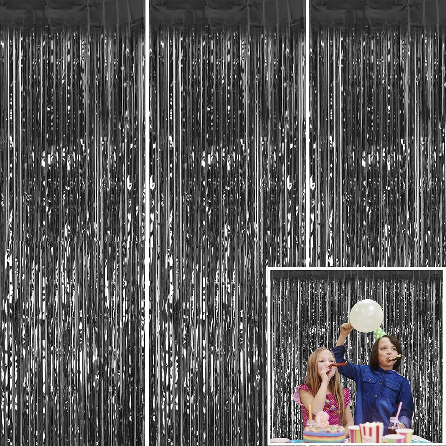 Black Foil Fringe Curtain Backdrop - 3.2 x 8.3 ft Tinsel Fringe Curtains for 2023 Graduation Party Decorations Supplies, Birthday, New Year Eve Party, Halloween Decorations, Baby Shower Decor