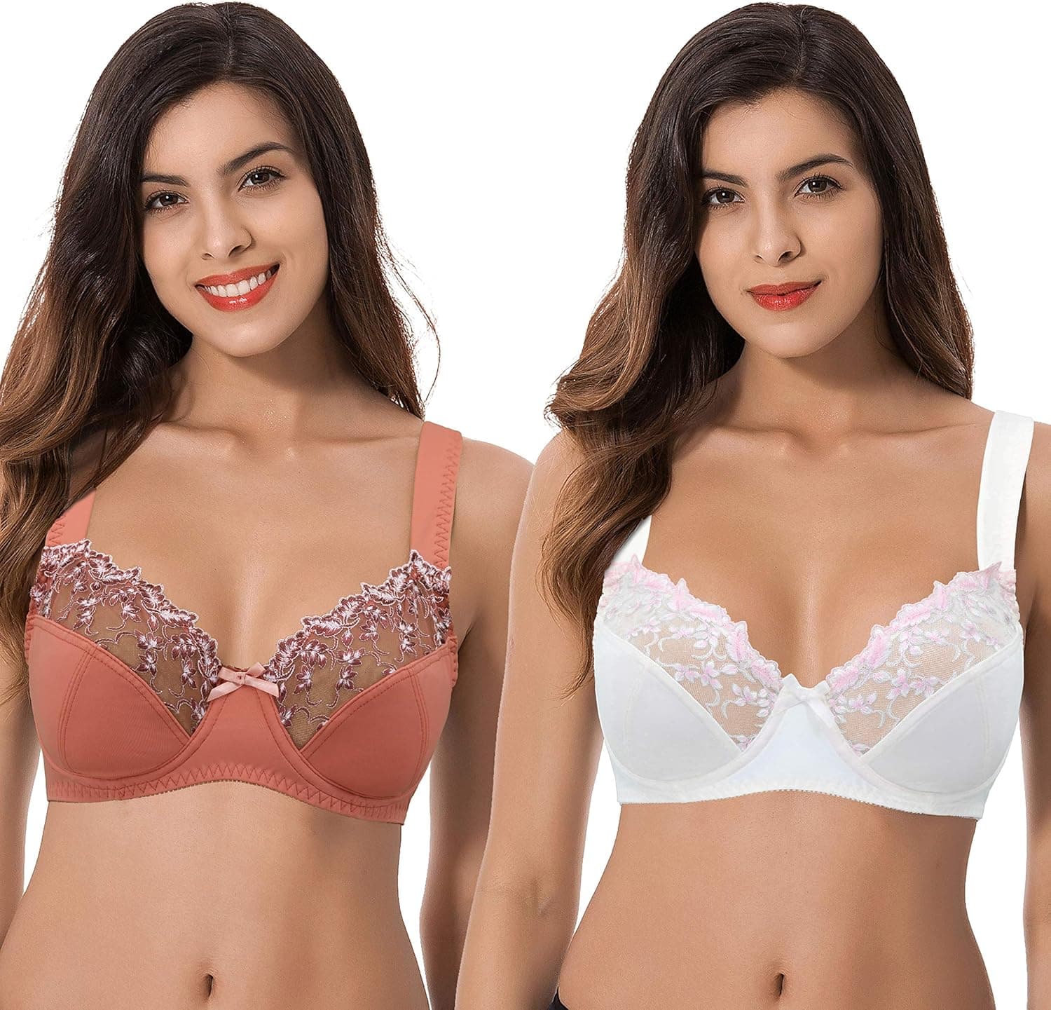 Curve Muse Womens Plus Size Minimizer Underwire Bra with Lace Embroidery-2or3PK