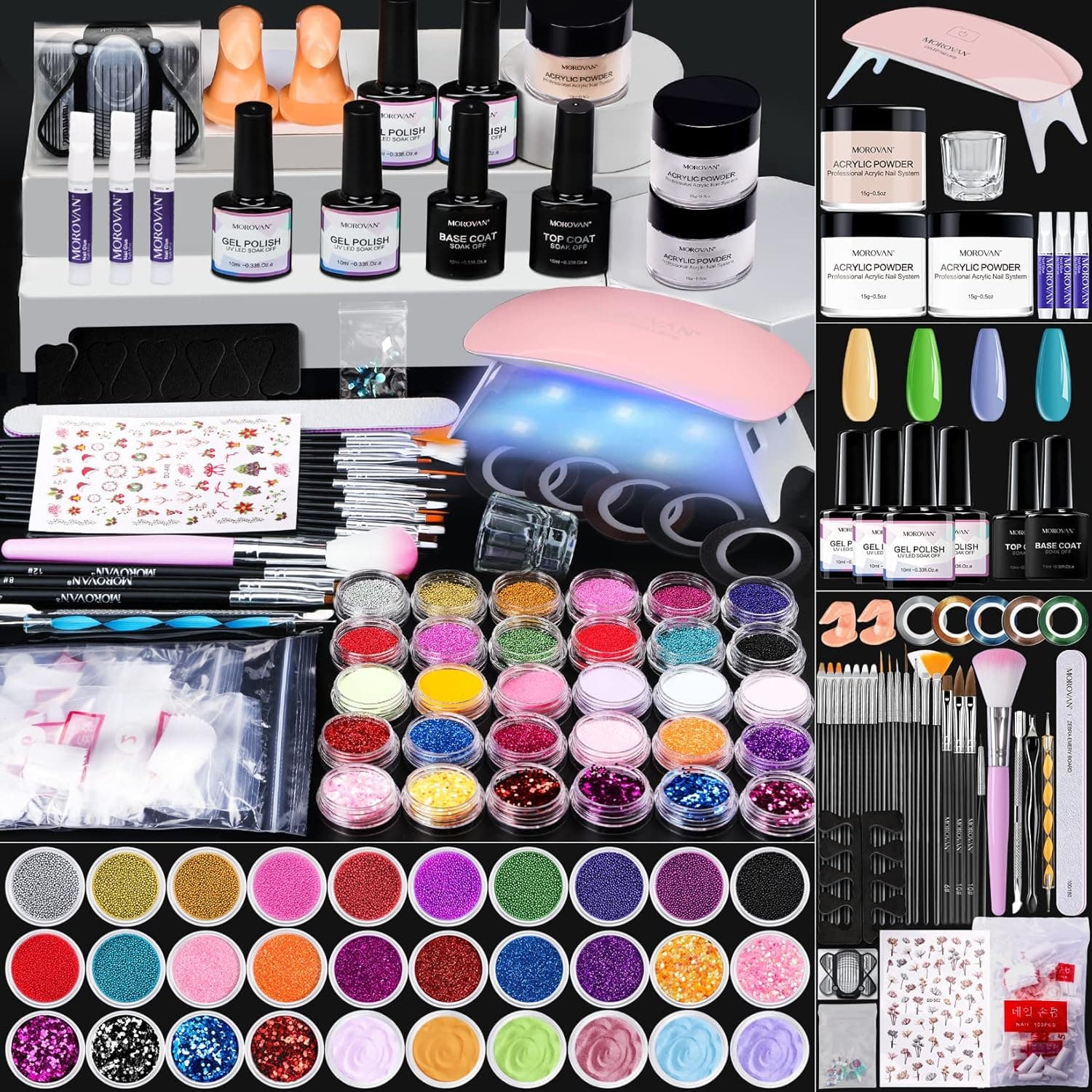 Morovan Acrylic Nail Kit - Professional Nails Kit Acrylic Set with Nail Lamp Gel Nail Polish 4 Colors Top Base Coat for Beginners DIY Nail Art Acrylic Nails Extension