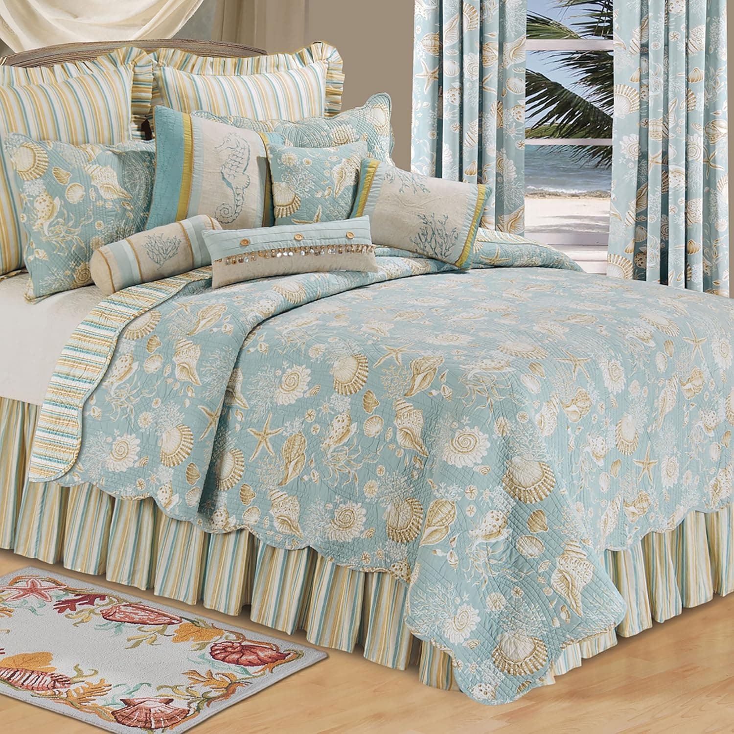 C&F Home Natural Shells Blue Cream Tan Stripes Coastal Tropical Beach House Oceans Twin Quilt 100% Cotton Reversible Bedspread Coverlet Coastal Beach Theme Design Twin (66x86) Blue