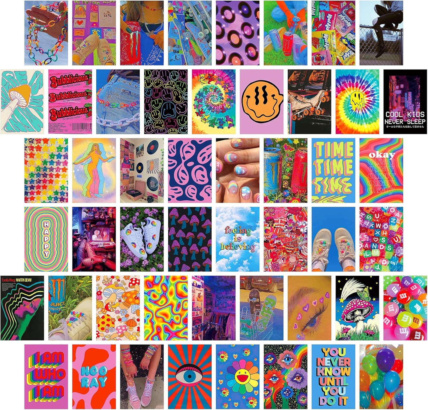 Vintage Collection Posters - 50 Pcs Not Repeated Nature DIY Wall Decor Postard Paper with Traceless Adhesive Room Decor Aesthetic Pictures Cards Collage Kit for Wall Supplies 4 * 6 inch (Rainbow)