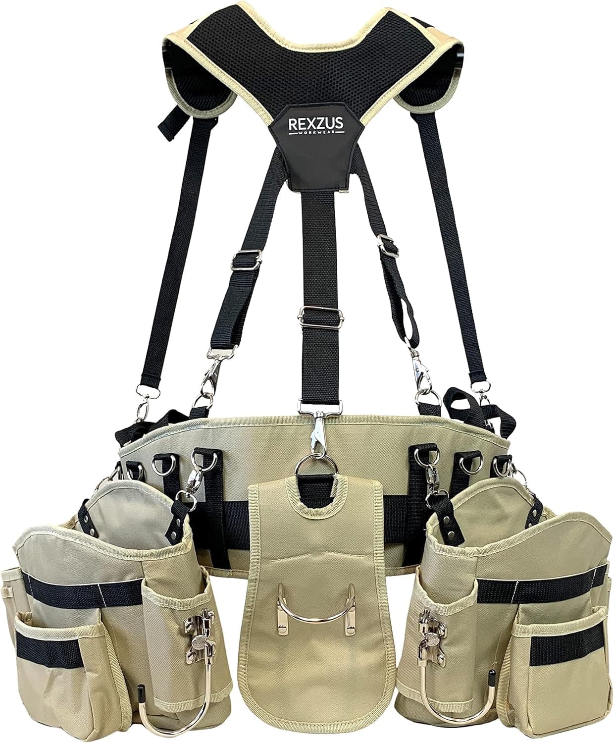 REXZUS Tool Belt With Suspenders, Adjustable System with 2-Power Tool Hooks, Tool Pouch For Framers Carpenter Electrician