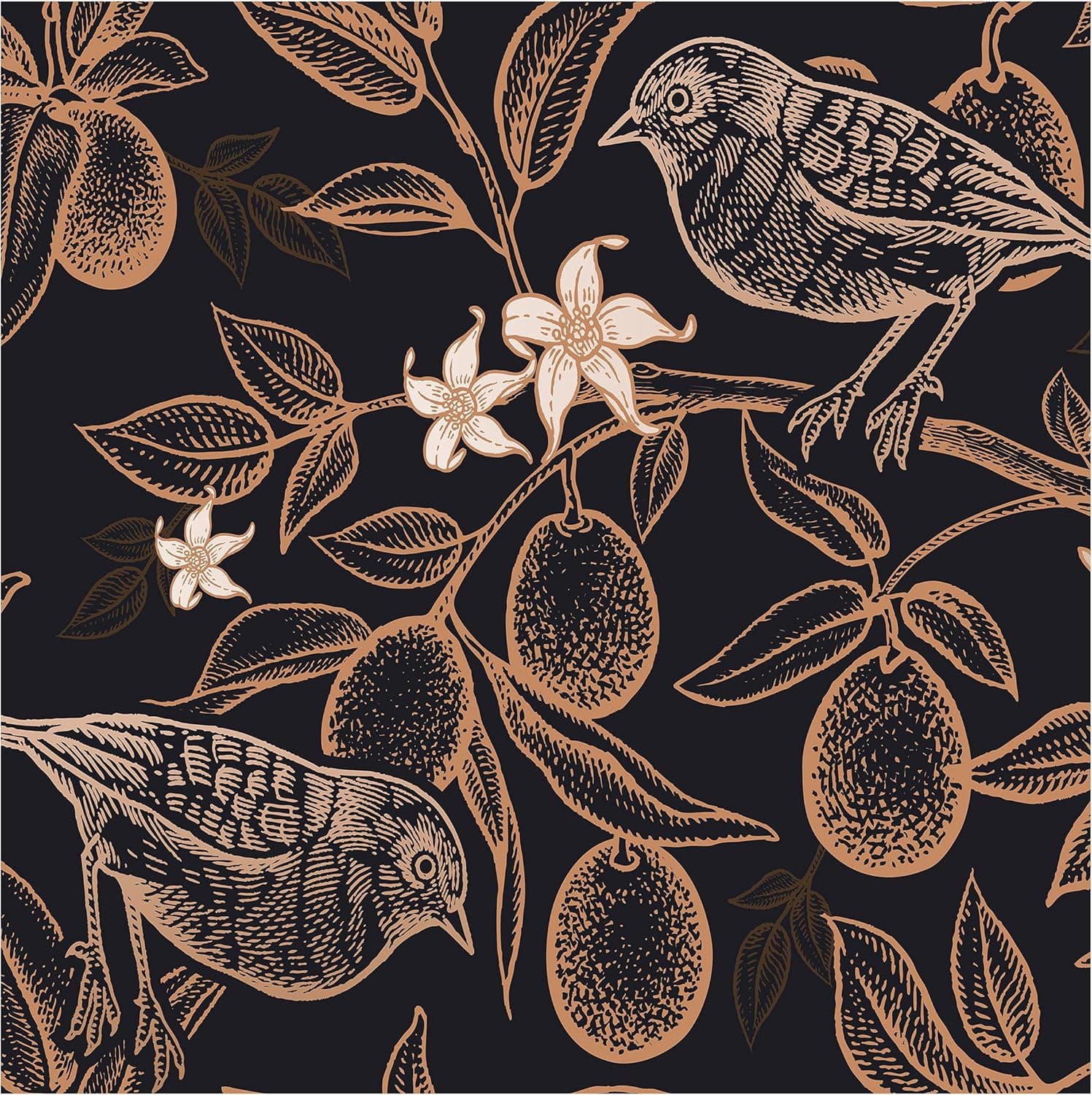 UniGoos Bird On a Branch of Citrus Tree Peel and Stick Wallpaper Vinyl Removable Self-Adhesive Wall Paper Roll Black Background Vintage Contact Paper for Living Room Cabinet DIY Decor 17.7" x118"