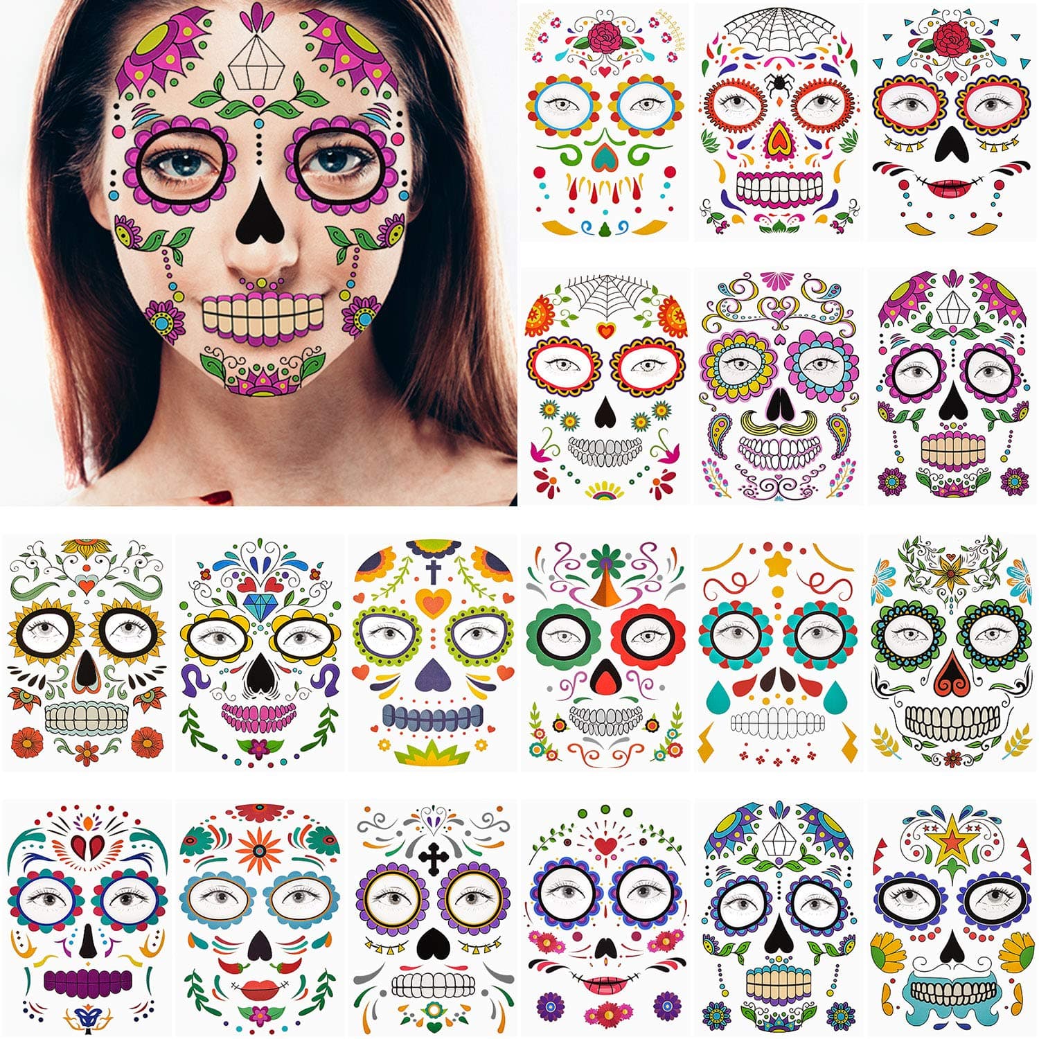 18 Sheets Halloween Face Temporary Waterproof Makeup Stickers Sugar Skull Floral Black Skeleton Web Red Roses Face for Women Men Kids Halloween Party Favor Supplies