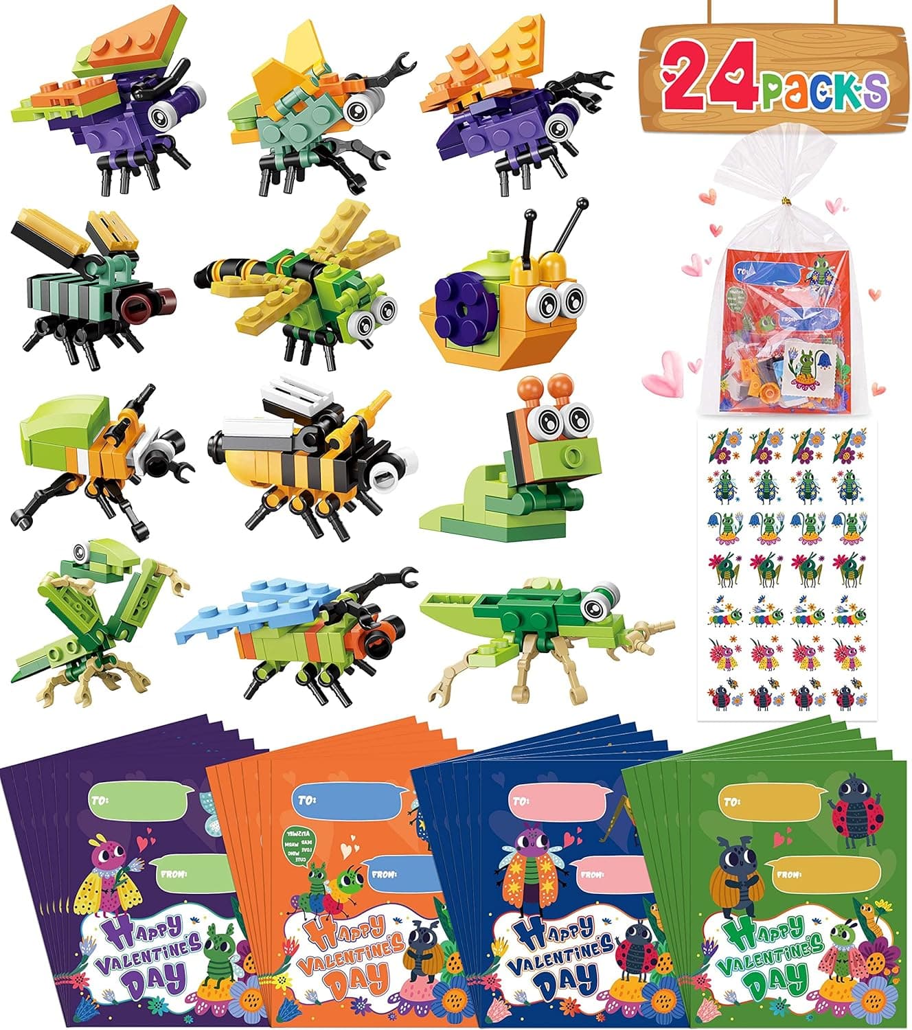 24 Packs Valentines Day Gifts for Kids, Insect Building Blocks with Valentines Cards for Kids Classroom School & Stickers, Class Valentines Gifts Exchange, Party Favors for Kids Boys Girls Friends