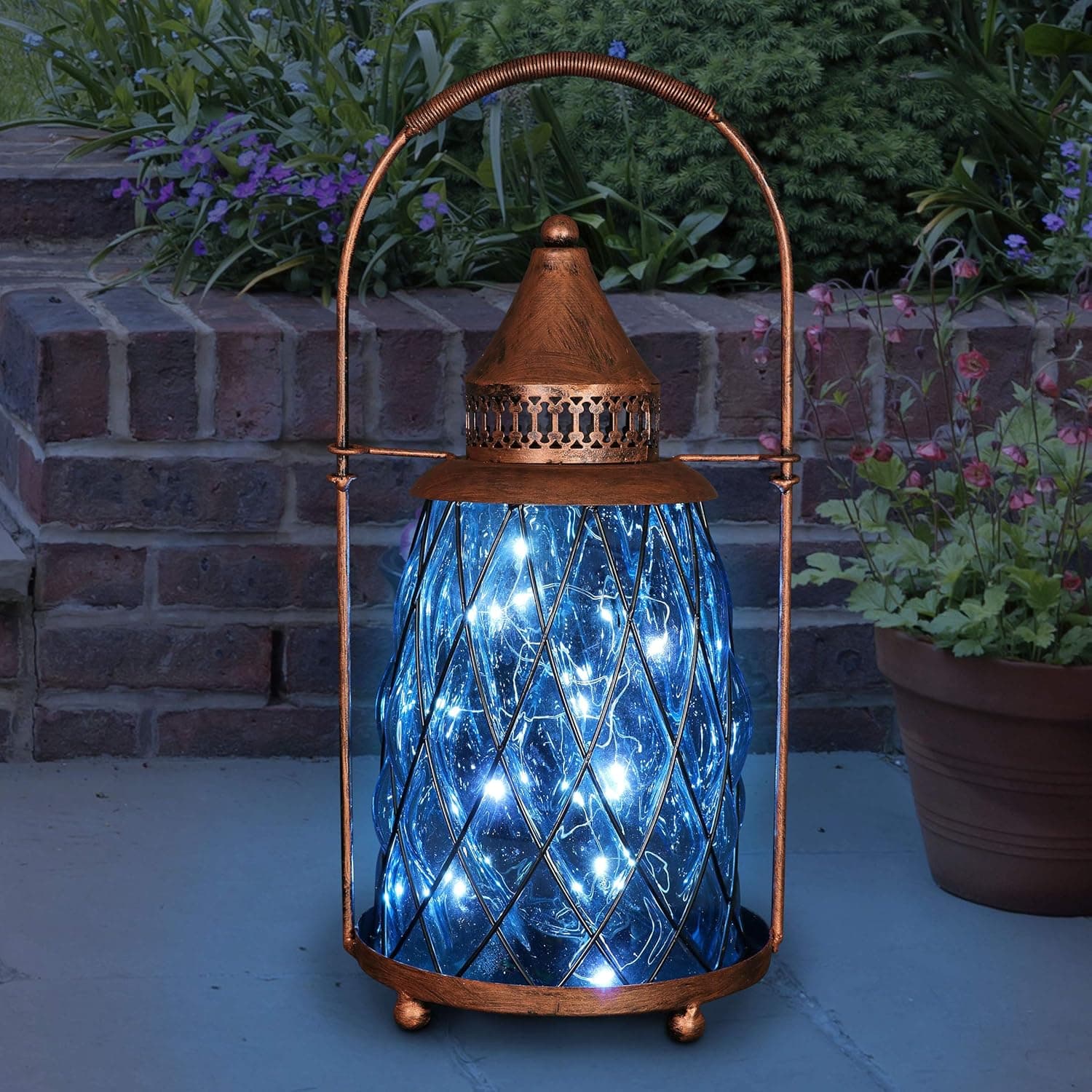 Exhart Outdoor Garden Solar Lights, Vintage Tabletop Glass and Metal Garden Lantern, 15 Firefly LED Lights, 7 x 15 Inch, Sea Blue