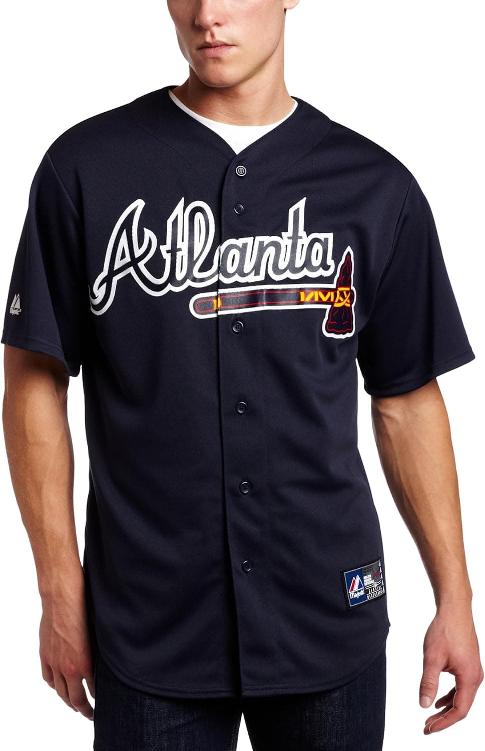 MLB Atlanta Braves Chipper Jones Mar Navy Alternate Short Sleeve 6 Button Synthetic Replica Baseball Jersey Spring 2012 Men's