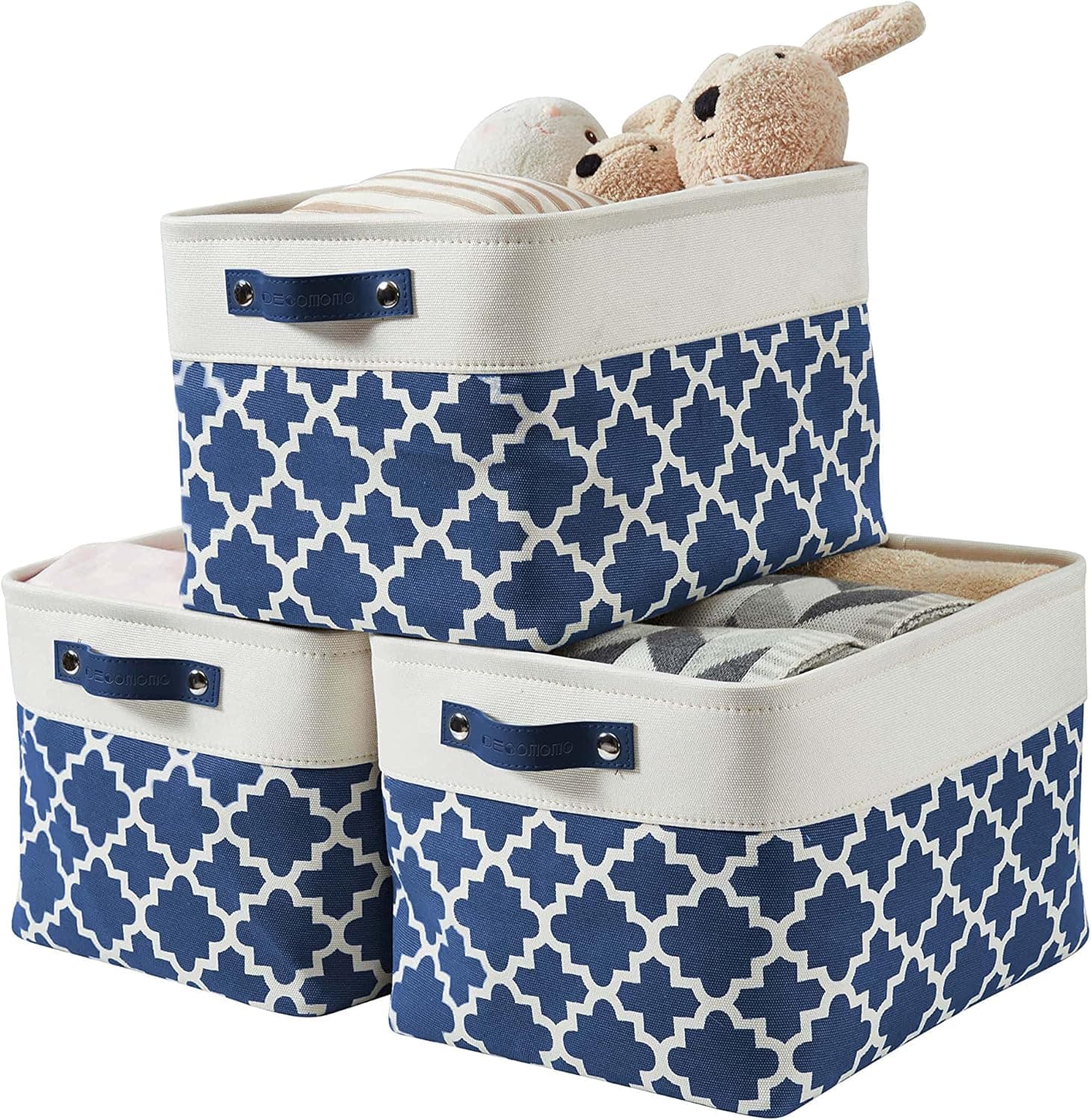 DECOMOMO Storage Bins | Fabric Storage Basket for Shelves for Organizing Closet Shelf Nursery Toy | Decorative Linen Closet Organizers with Handles Cubes (Navy Blue and White, Extra Large - 3 Pack)