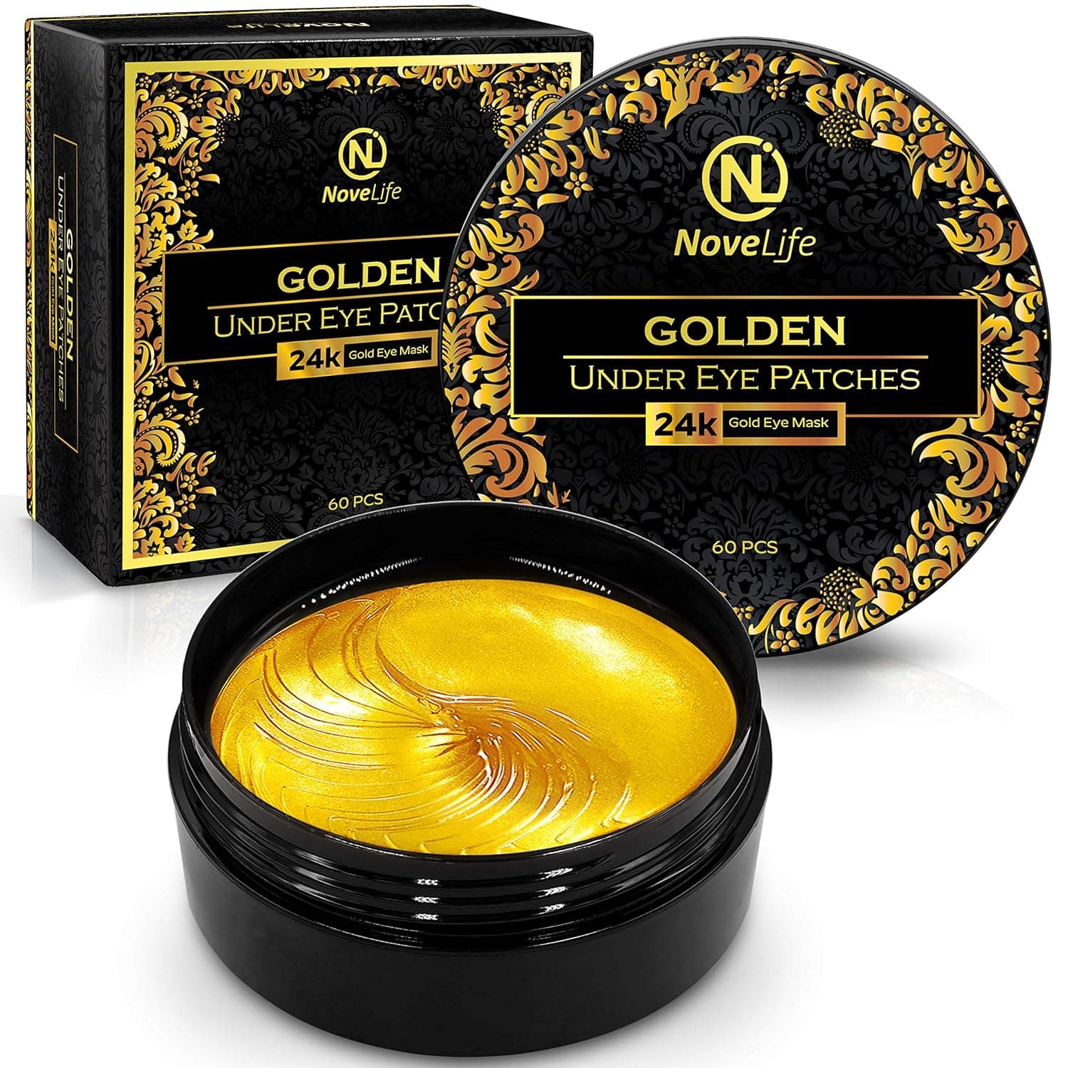 NOVELIFE Under Eye Mask - 24k Golden Under Eye Patches for Puffy Eyes - Anti-Aging Collagen Gel Eye Pads - Reduces Dark Circles, Puffiness & Wrinkles - Eye Bags Treatment for Women & Men - Skin Care