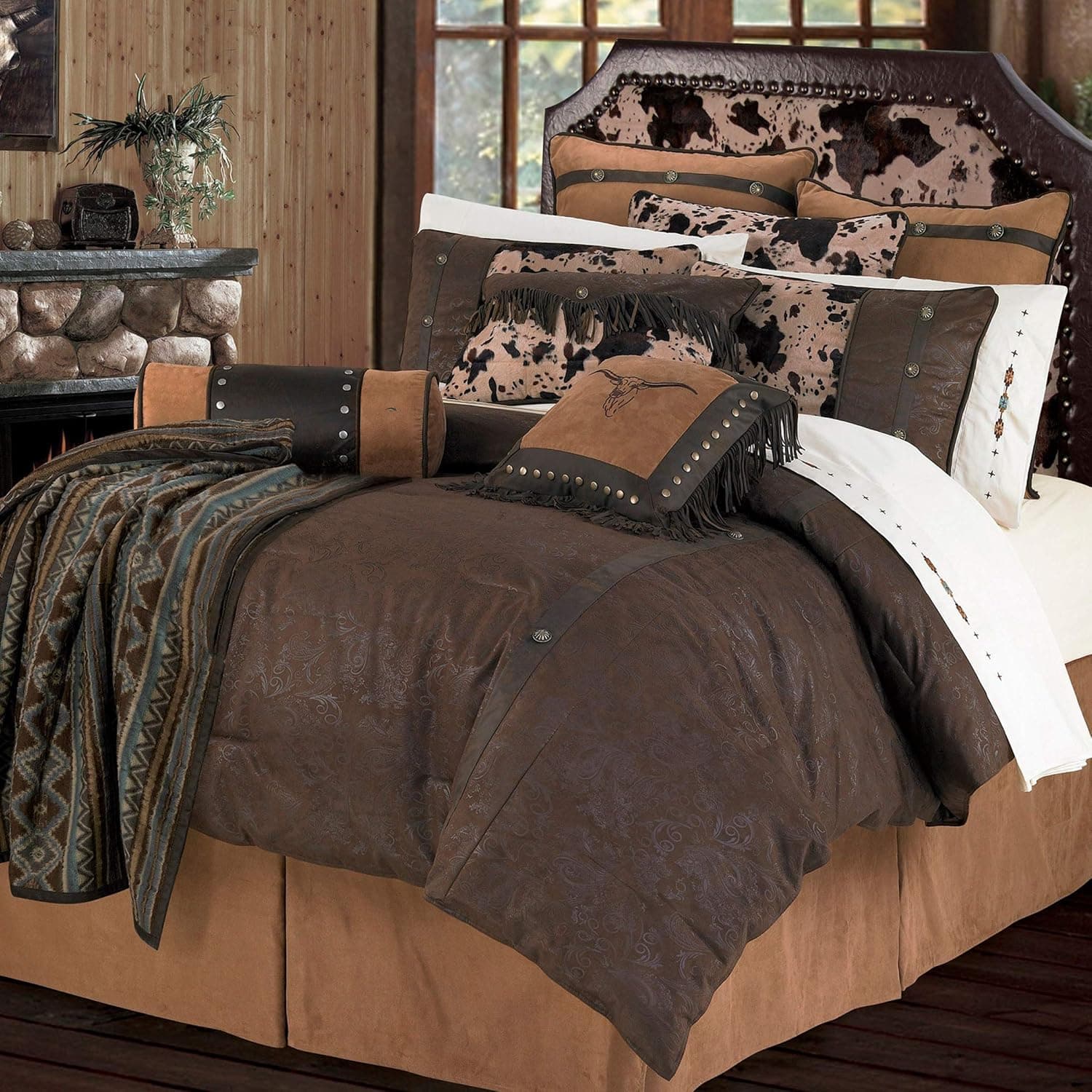 Paseo Road by HiEnd Accents | Caldwell 5 Piece Comforter Set, Faux Leather, Super Queen, Brown Cow Print Western Rustic Style Luxury Bedding Set, 1 Comforter, 1 Bed Skirt, 2 Pillow Shams, 1 Neckroll