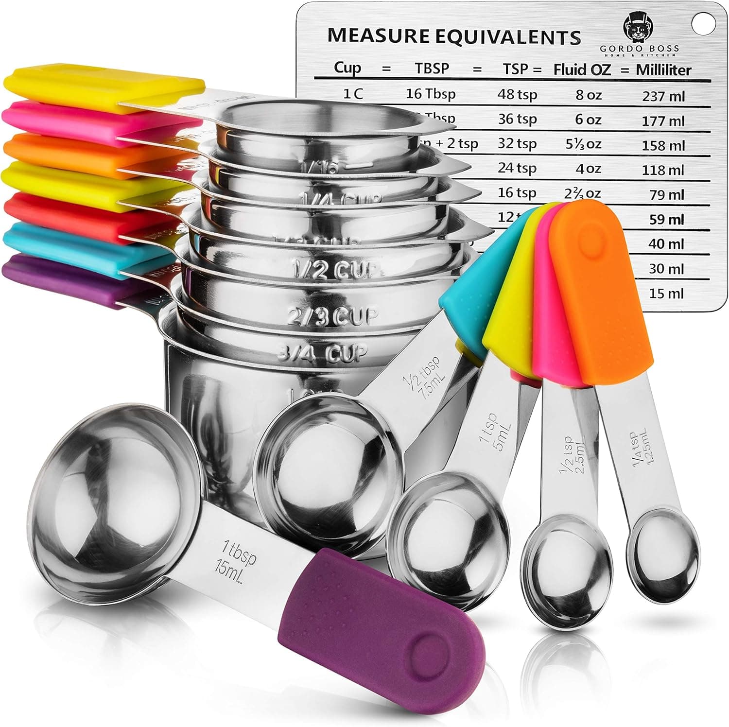 Magnetic Measuring Cups and Spoons Set. Stainless Steel Metal Measuring Cup Set. 13-Piece Non-Toxic Magnetic Measuring Spoon Set. Professional Chef Grade Dry and Liquid Measure Cups.