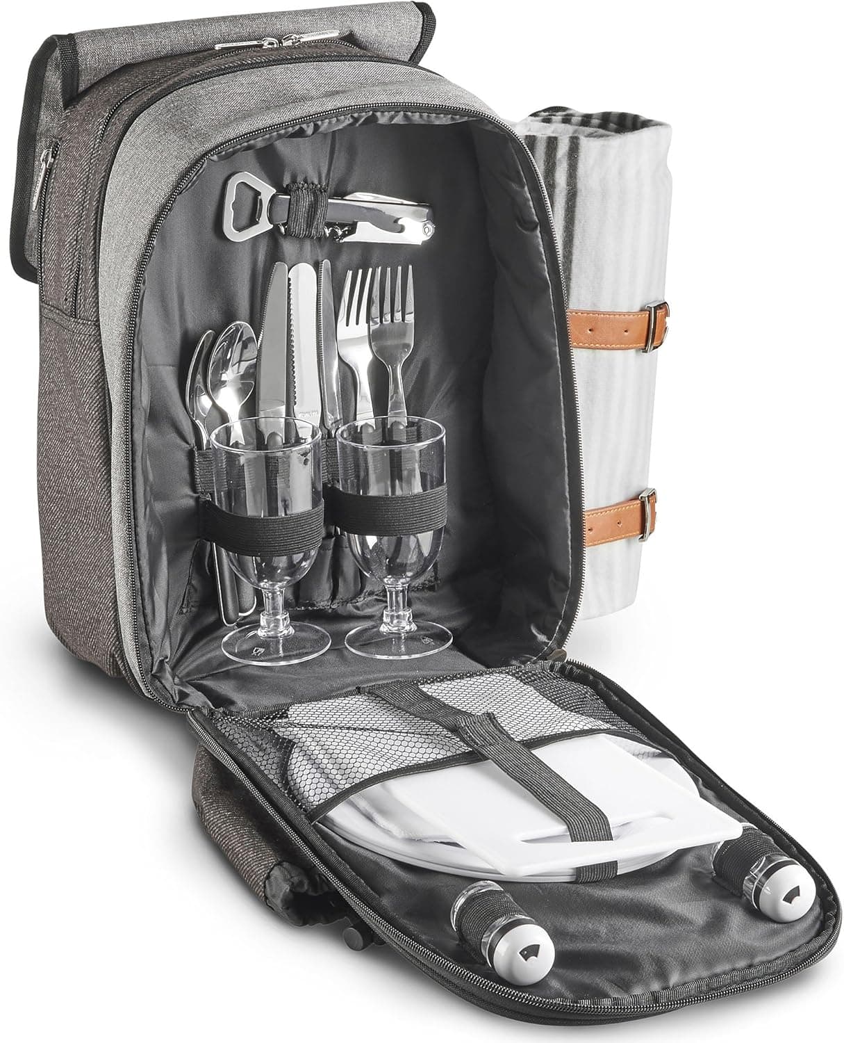 VonShef 2 Person Premium Picnic Outdoor Backpack Bag with Blanket – Woven Grey Waterproof Finish, Includes 17 Piece Dining Set and Insulated Cooler Compartment to Keep Food Chilled