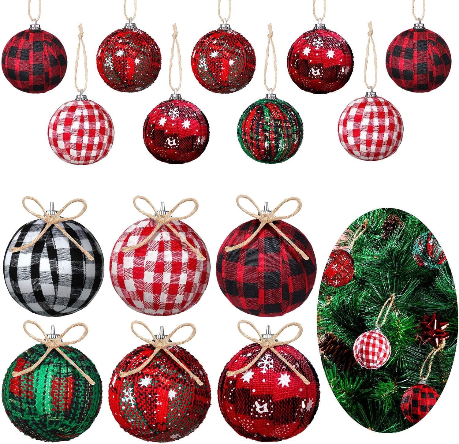 24 Pieces Christmas Buffalo Plaid Ball Ornaments Ball Buffalo Plaid and Snowflakes Decorative Fabric Ball Ornament with Rope Christmas Hanging Ornaments for Christmas Tree Party Decorations