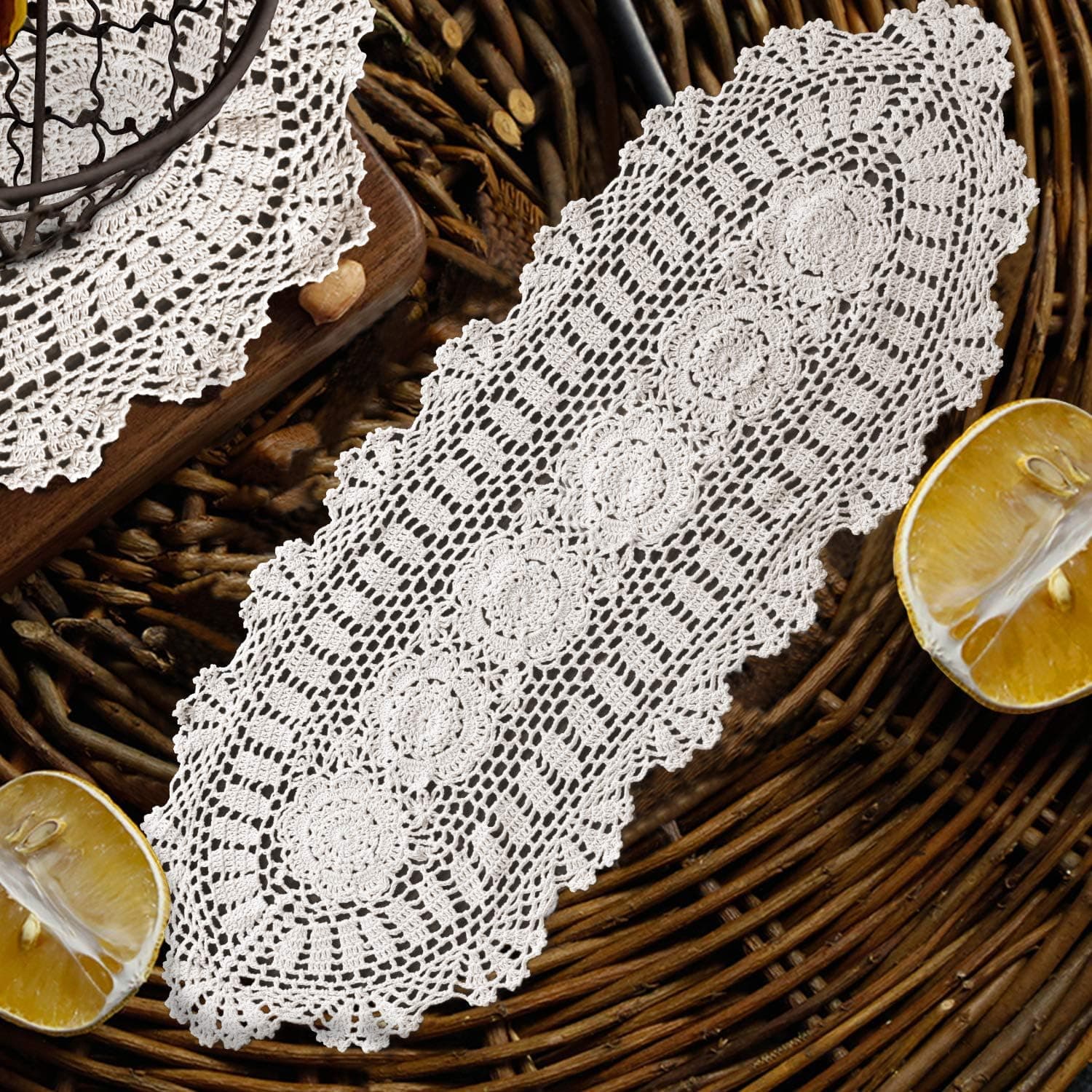 Koopro Crochet Doilies Beige Table Runner Cotton Tablecloth Lace Desk Decoration Elliptical Coffee Table Dresser Scarf Decor Handmade Placemats for Dinning Room Restaurant Hotel House Office (12”×36”)