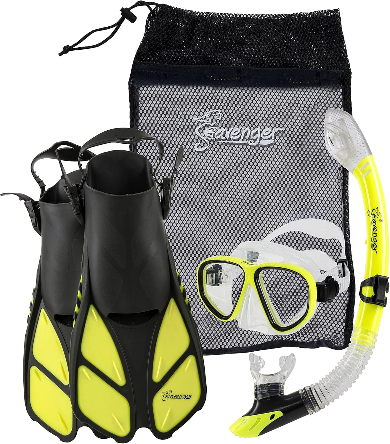 Seavenger Diving Snorkel Set- Dry Top Snorkel/Trek Fin / 2-Windows Tempered Glass Mask/Gear Bag- Yellow - Large/X-Large