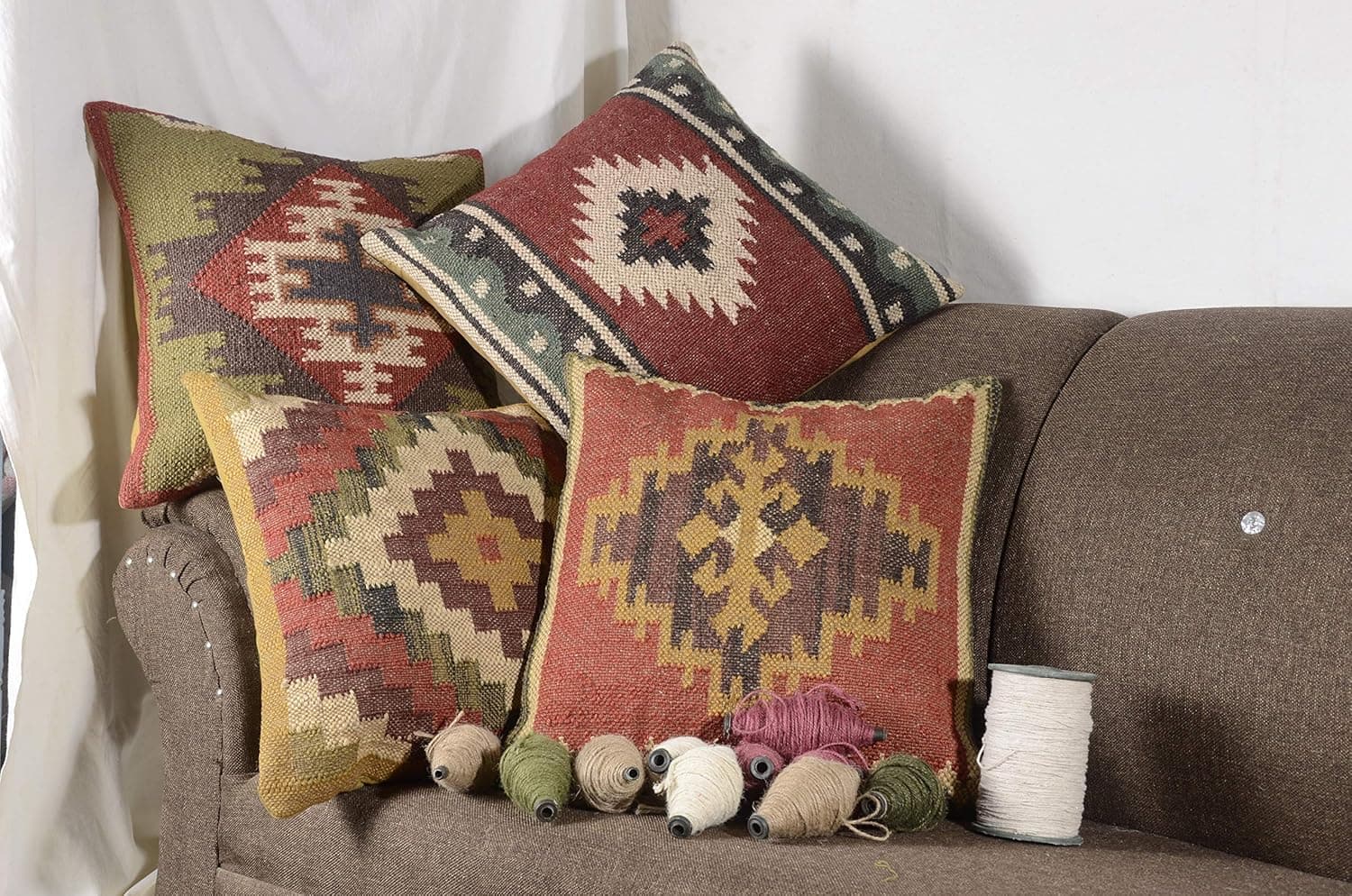 Chouhan Rugs 4 PCS Set of Indian Handwoven Kelim Cushion Cover 18x18 Decorative Jute Square Pillow Cases