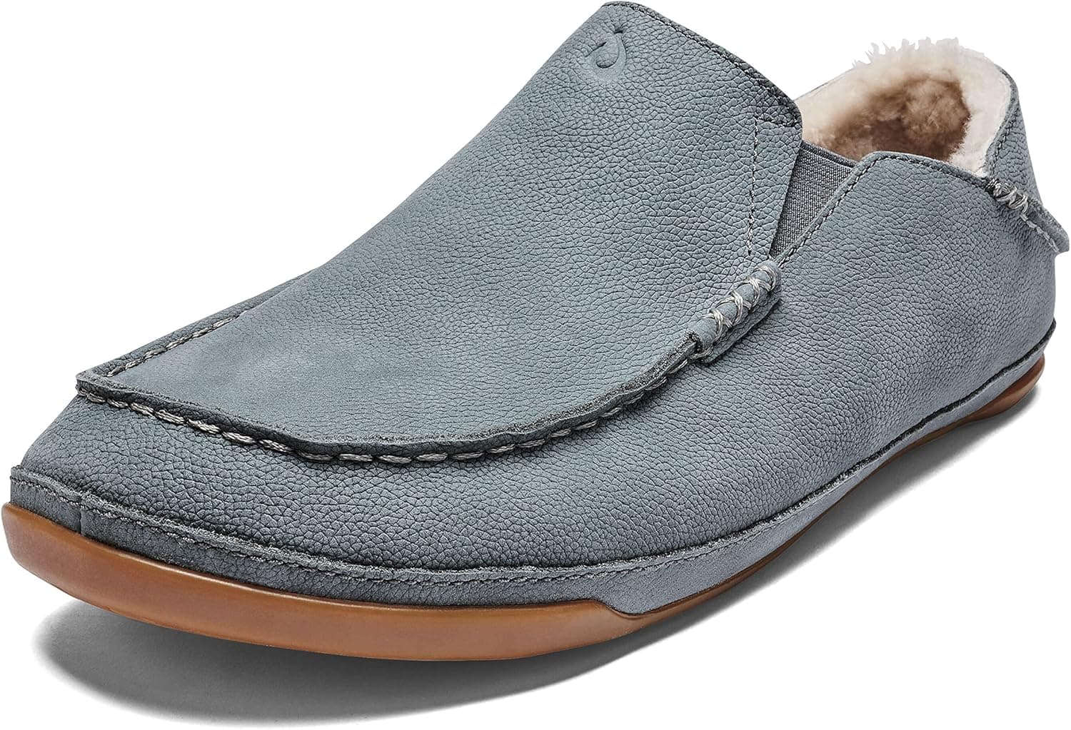 OLUKAI Kipuka Hulu Men's Leather Slippers, Premium Nubuck Leather Slip On Shoes, Shearling Lining & Gel Insert, Drop-In Heel Design