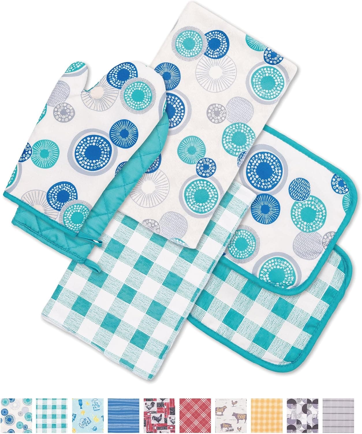 6 Pack Kitchen Set | 2 Oven Mitts and 2 Square Pot holders of Quilted Lining with Cotton Wadding - 2 Dish Towels for Drying Dishes | Perfect for Gifting, Baking and Everyday Cooking (MT & TGG)
